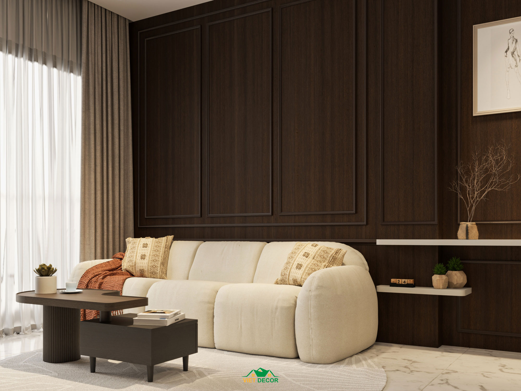 Nội Thất Việt Decor thiết kế thi công nội thất căn hộ 2 phòng ngủ dự án Essensia Sky TP HCM, sofa bàn trà phòng khách
