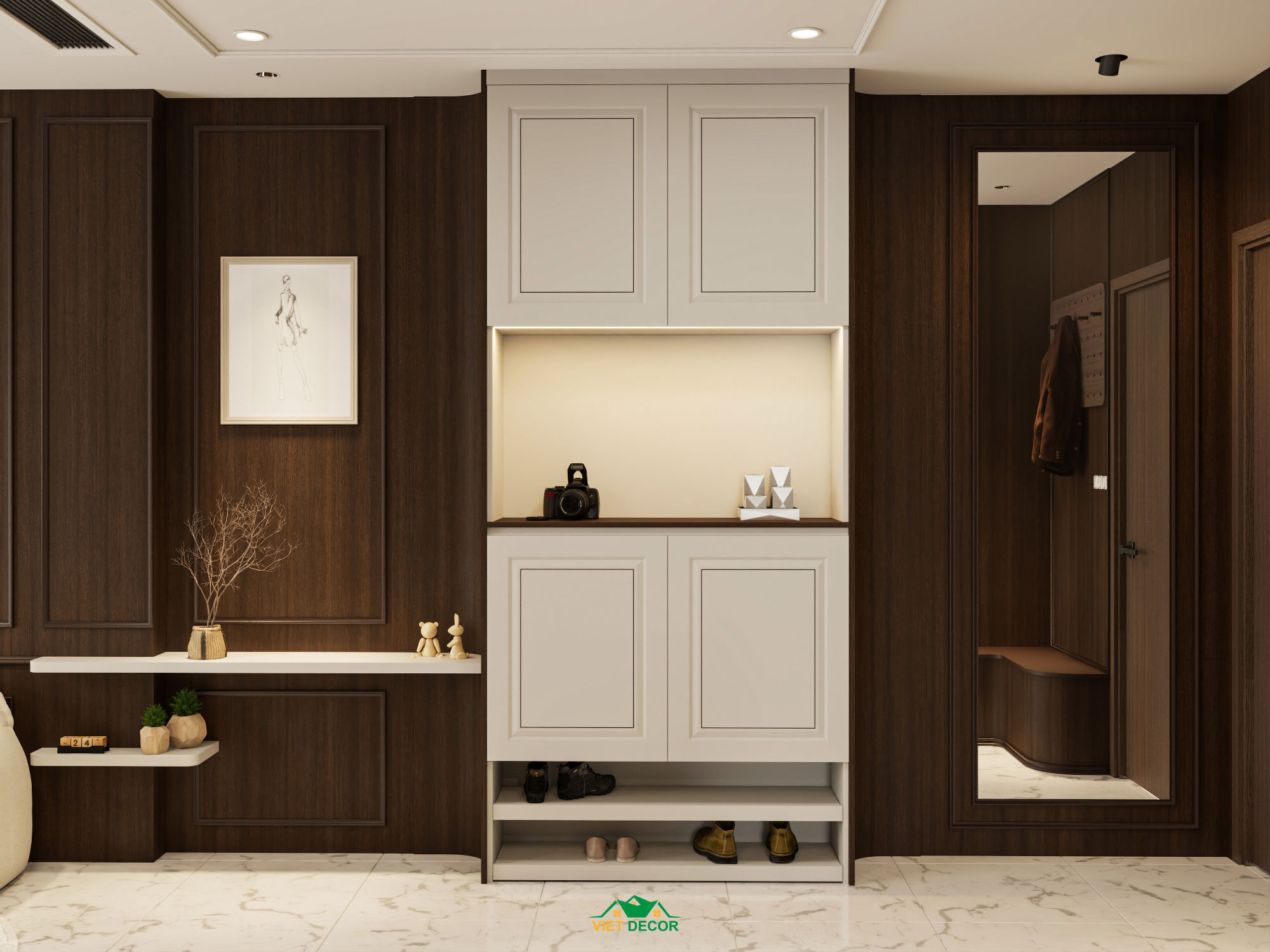 Nội Thất Việt Decor thiết kế thi công nội thất căn hộ 2 phòng ngủ dự án Essensia Sky TP HCM, tủ giày phòng khách