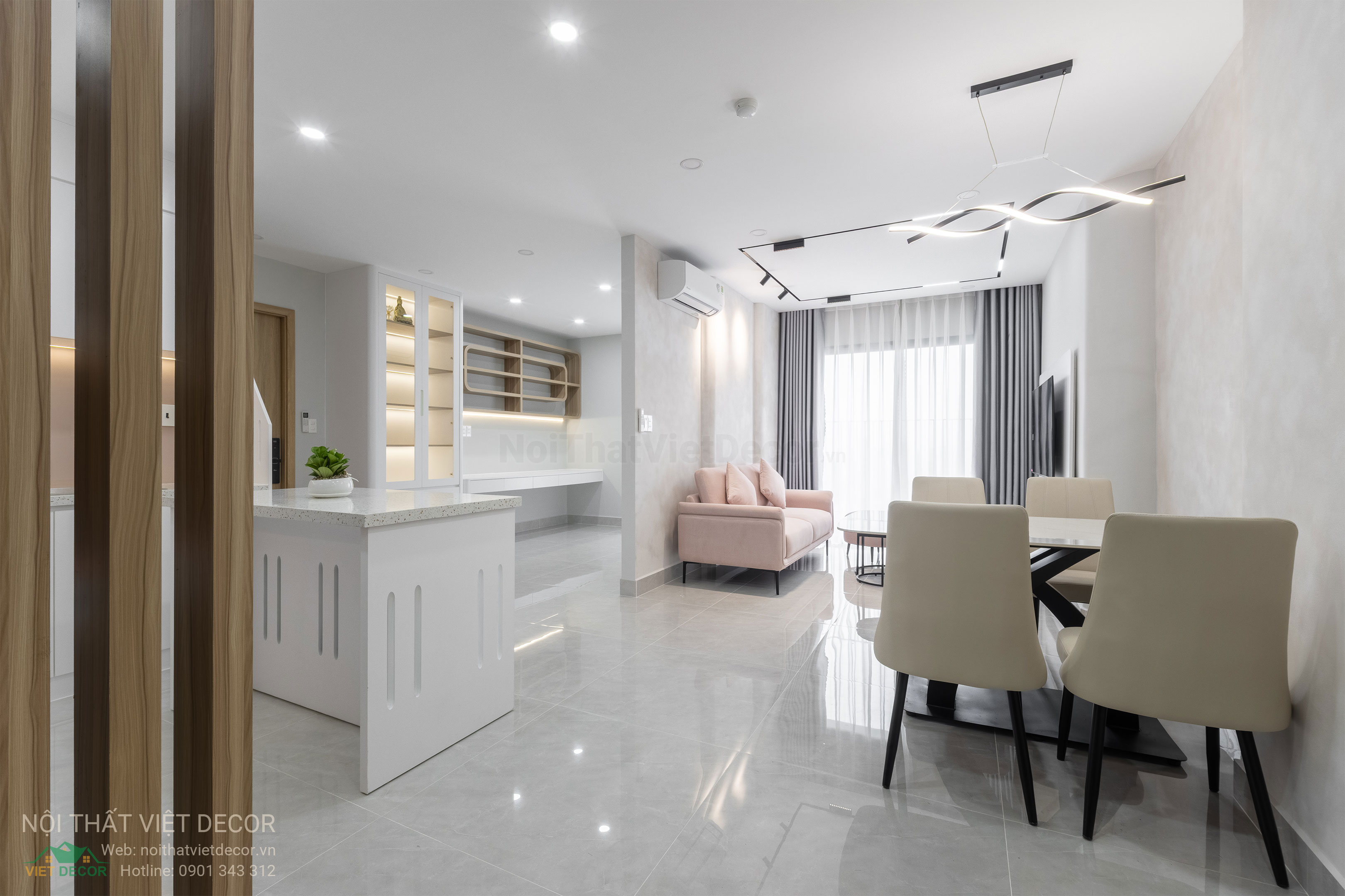 Nội Thất Việt Decor thiết kế thi công trang trí xây dựng hoàn thiện, nội thất căn hộ 2 phòng ngủ dự án chung cư Lavida Plus quận 7 tp HCM, phòng khách bếp