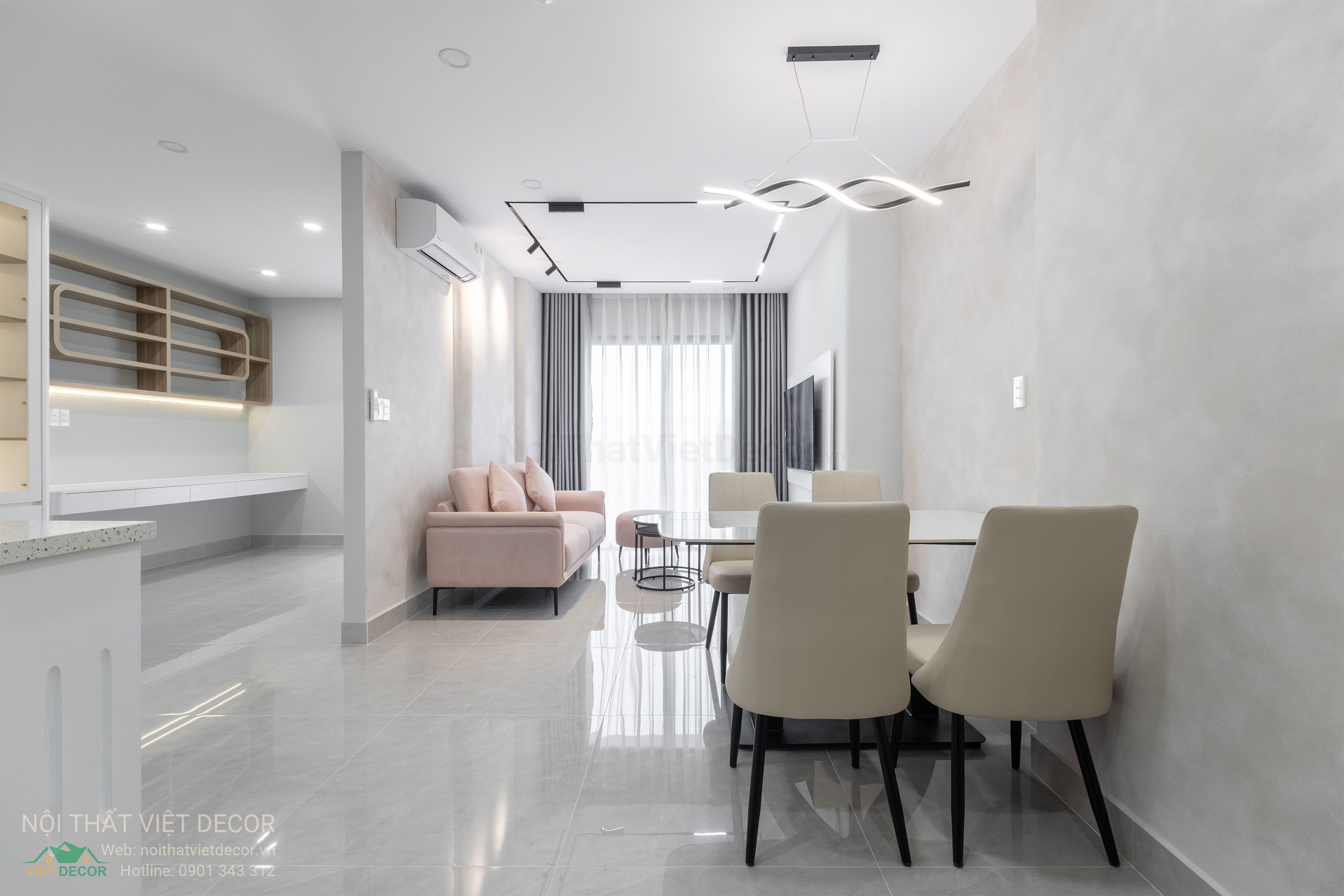 Nội Thất Việt Decor thiết kế thi công trang trí xây dựng hoàn thiện, nội thất căn hộ 2 phòng ngủ dự án chung cư Lavida Plus quận 7 tp HCM, phòng khách bếp