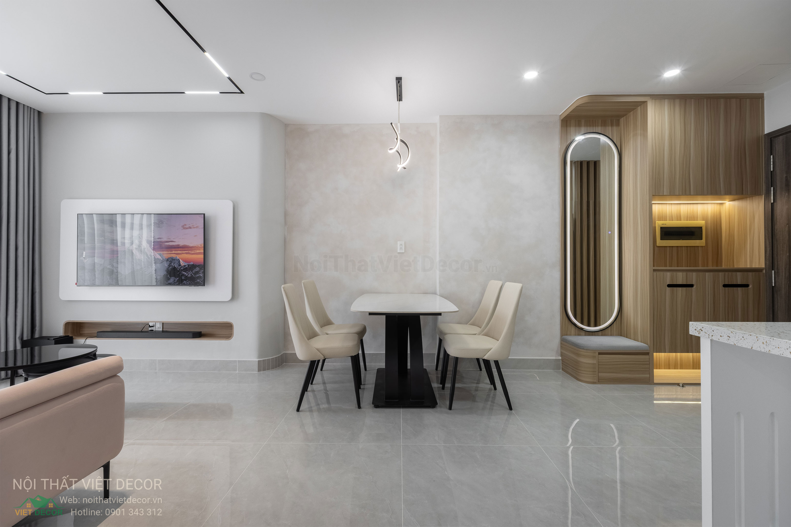 Nội Thất Việt Decor thiết kế thi công trang trí xây dựng hoàn thiện, nội thất căn hộ 2 phòng ngủ dự án chung cư Lavida Plus quận 7 tp HCM, phòng khách bếp