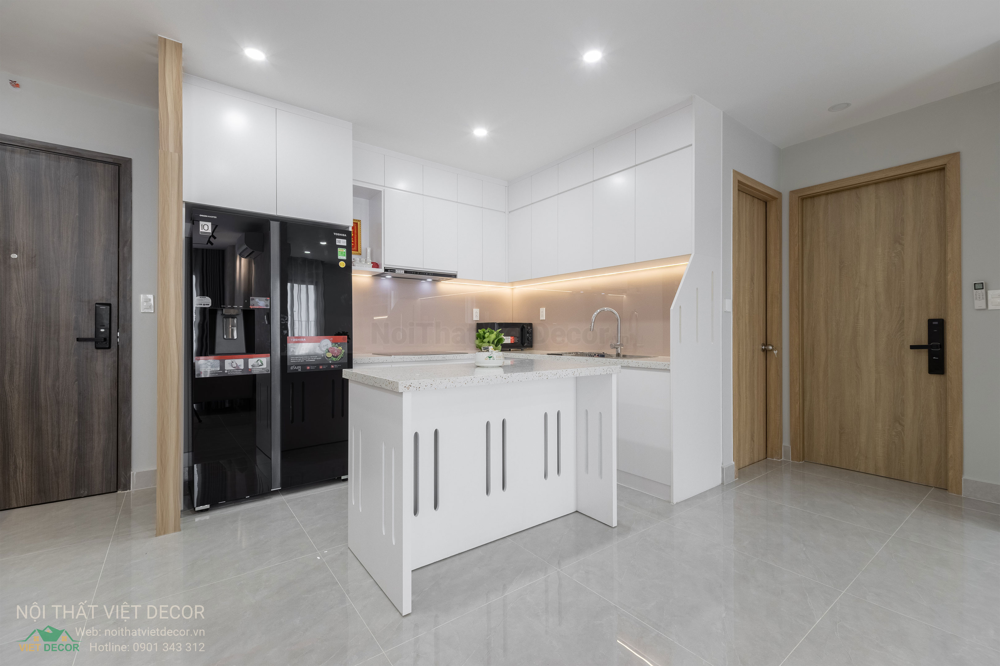Nội Thất Việt Decor thiết kế thi công trang trí xây dựng hoàn thiện, nội thất căn hộ 2 phòng ngủ dự án chung cư Lavida Plus quận 7 tp HCM, phòng khách bếp