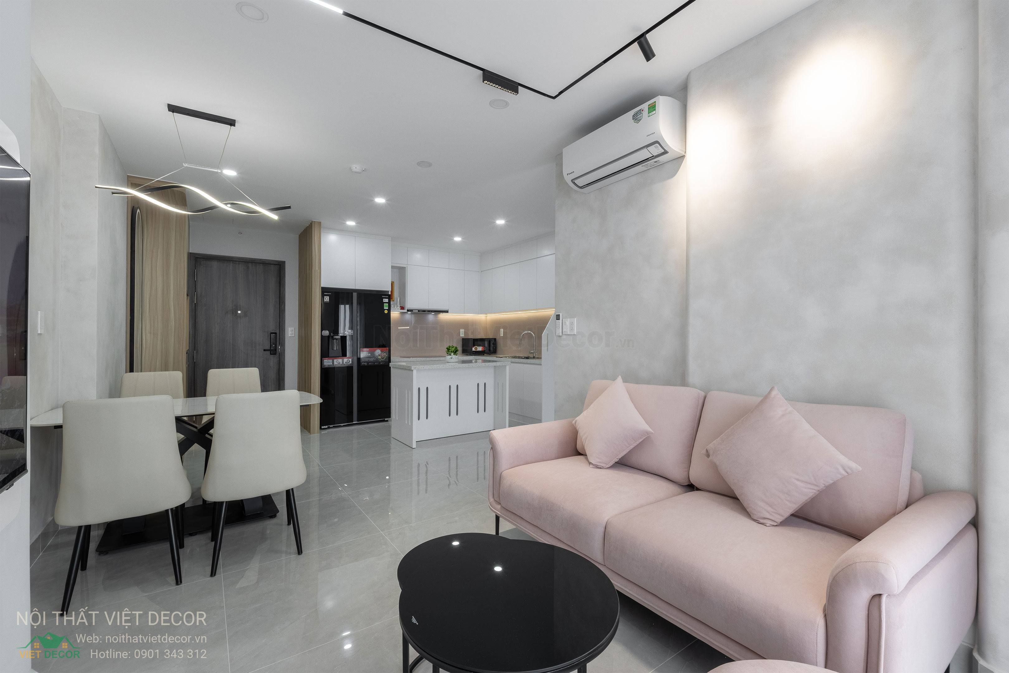 Nội Thất Việt Decor thiết kế thi công trang trí xây dựng hoàn thiện, nội thất căn hộ 2 phòng ngủ dự án chung cư Lavida Plus quận 7 tp HCM, phòng khách bếp