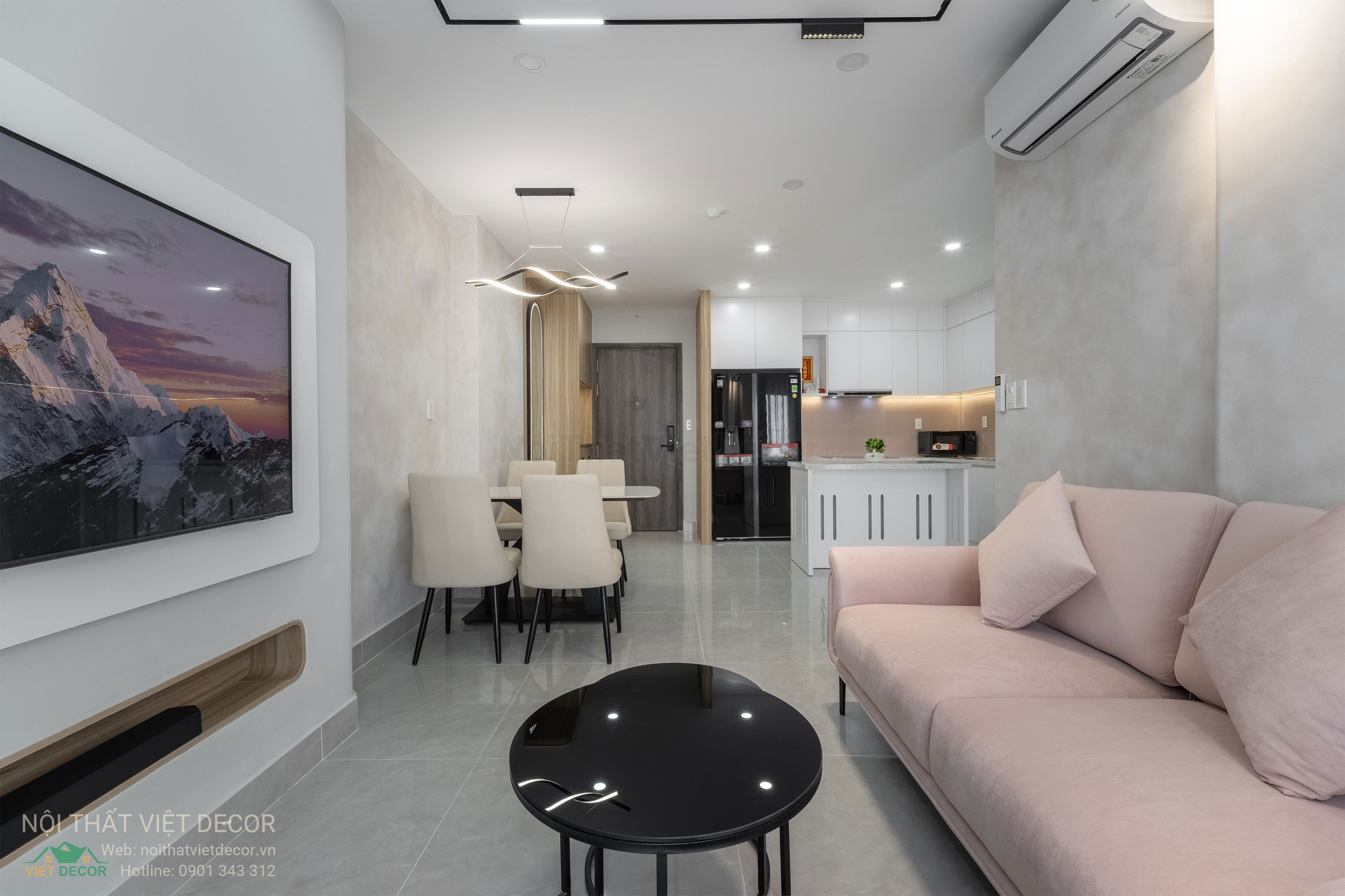 Nội Thất Việt Decor thiết kế thi công trang trí xây dựng hoàn thiện, nội thất căn hộ 2 phòng ngủ dự án chung cư Lavida Plus quận 7 tp HCM, phòng khách bếp