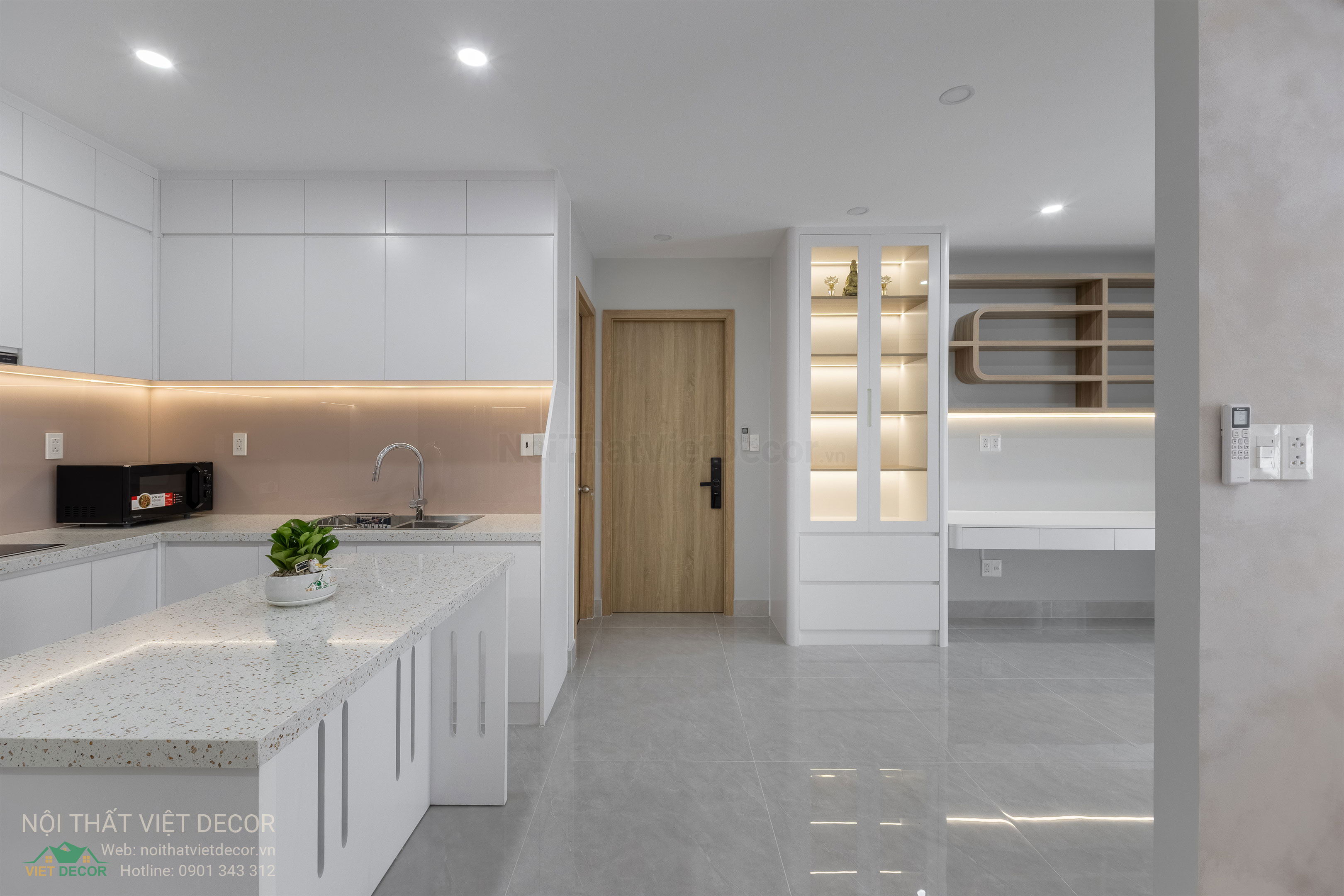 Nội Thất Việt Decor thiết kế thi công trang trí xây dựng hoàn thiện, nội thất căn hộ 2 phòng ngủ dự án chung cư Lavida Plus quận 7 tp HCM, phòng khách bếp