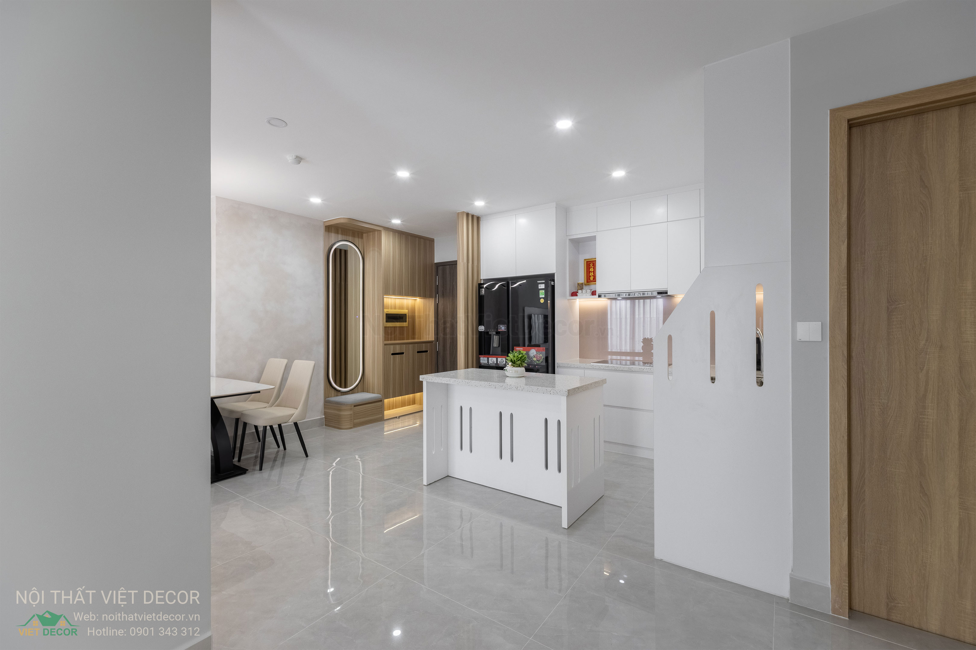 Nội Thất Việt Decor thiết kế thi công trang trí xây dựng hoàn thiện, nội thất căn hộ 2 phòng ngủ dự án chung cư Lavida Plus quận 7 tp HCM, phòng khách bếp