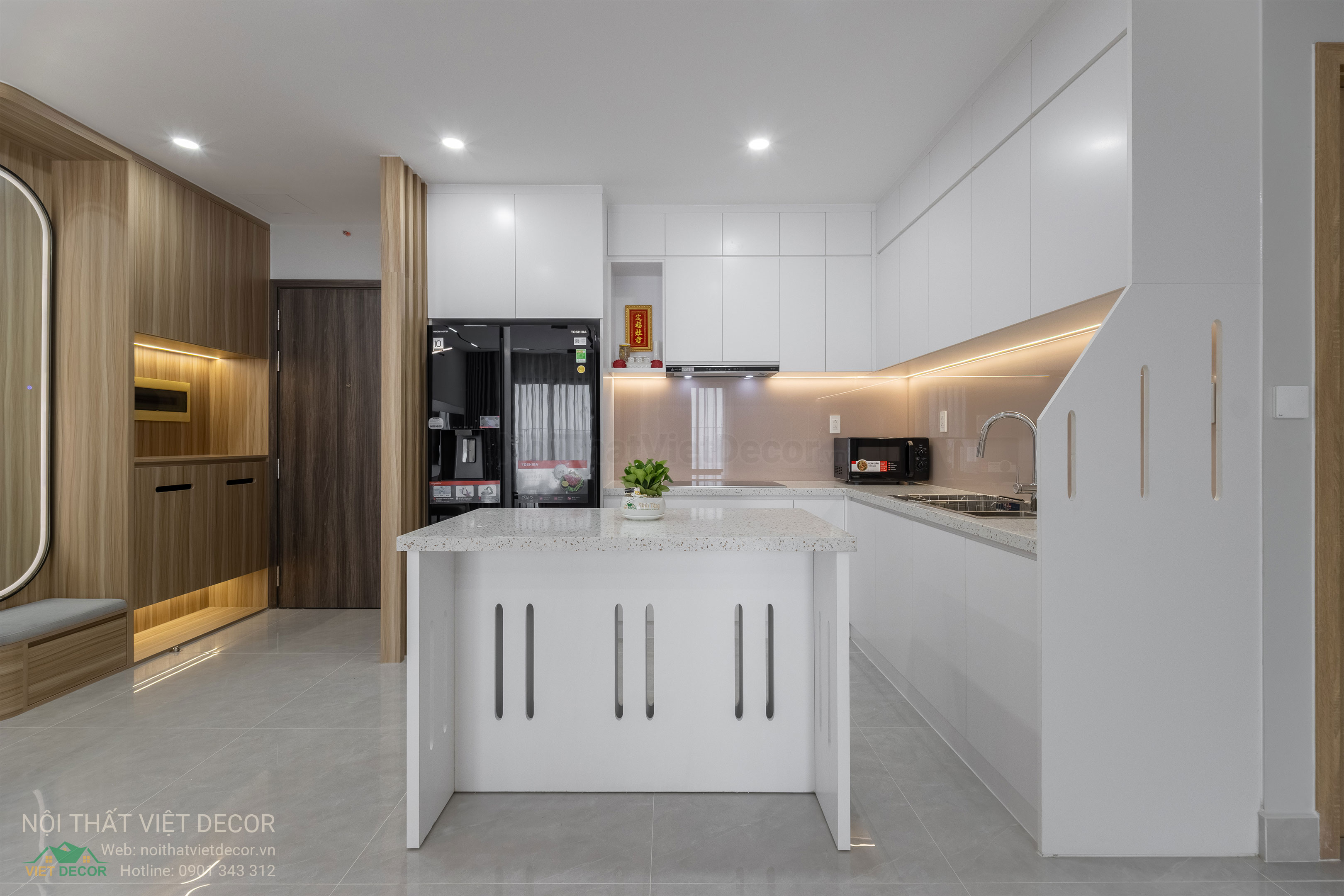 Nội Thất Việt Decor thiết kế thi công trang trí xây dựng hoàn thiện, nội thất căn hộ 2 phòng ngủ dự án chung cư Lavida Plus quận 7 tp HCM, phòng khách bếp