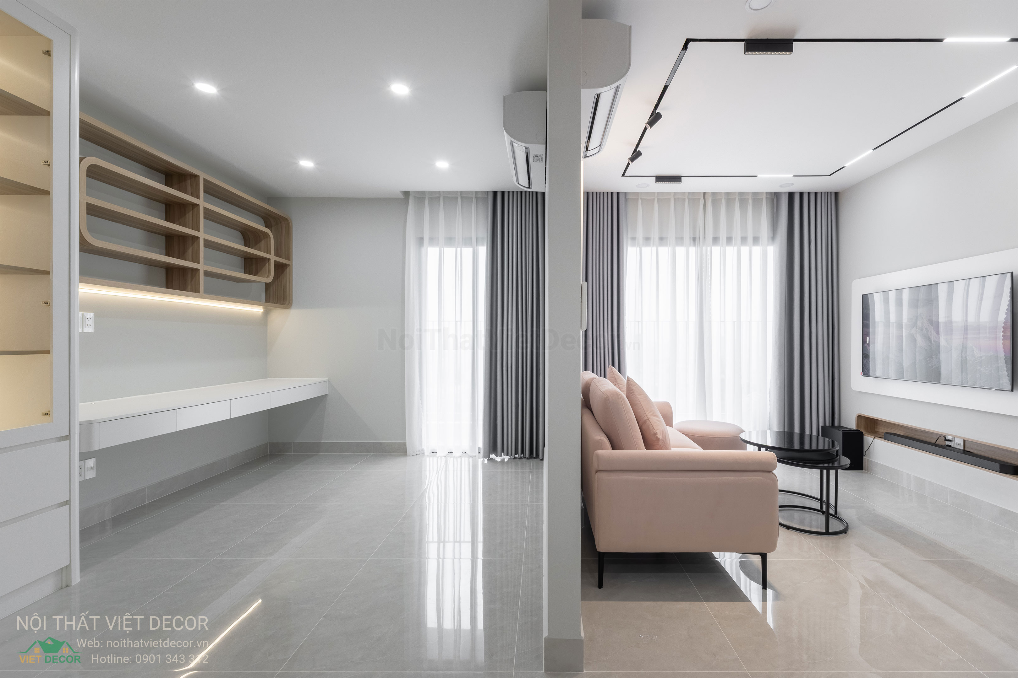 Nội Thất Việt Decor thiết kế thi công trang trí xây dựng hoàn thiện, nội thất căn hộ 2 phòng ngủ dự án chung cư Lavida Plus quận 7 tp HCM, phòng khách bếp
