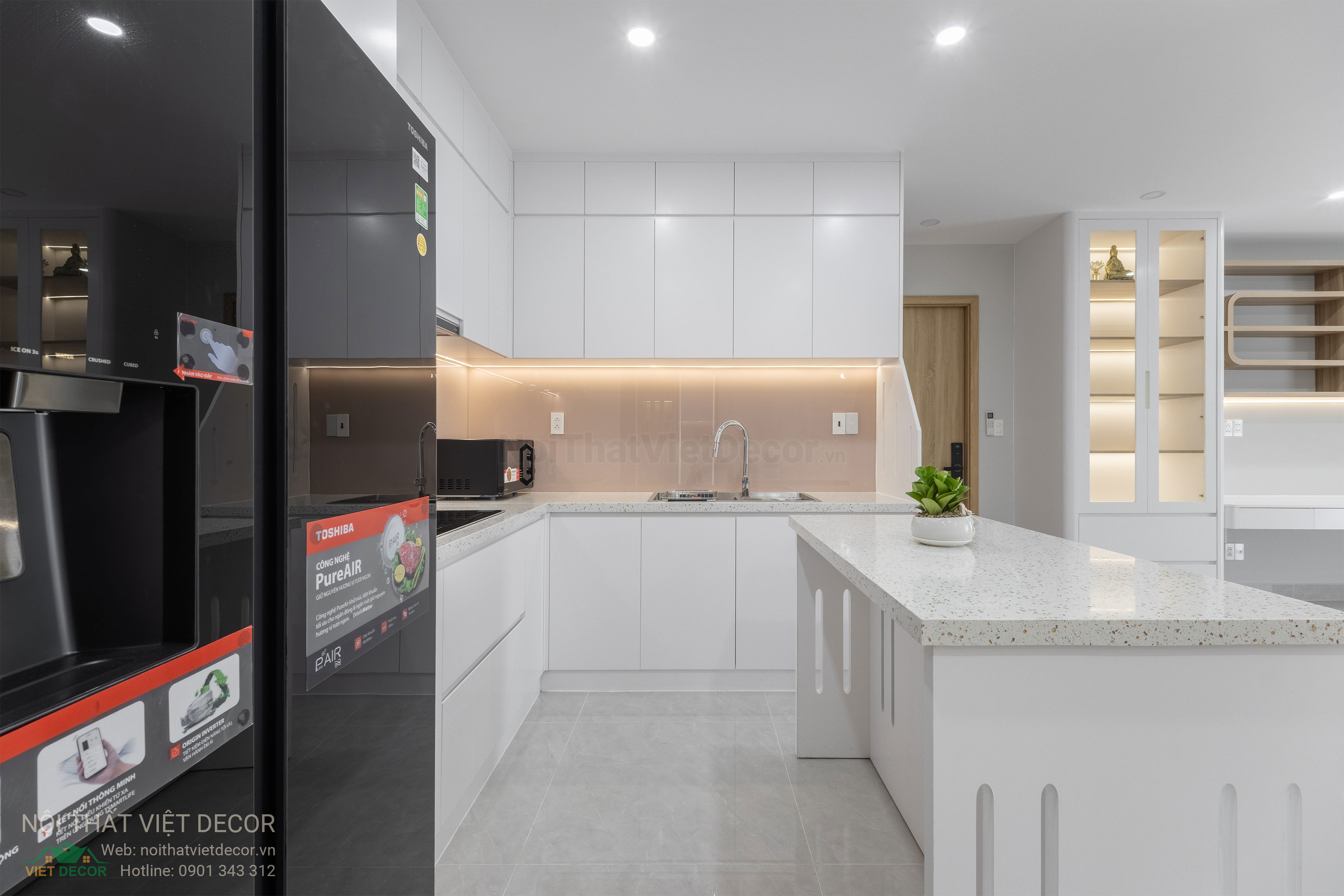 Nội Thất Việt Decor thiết kế thi công trang trí xây dựng hoàn thiện, nội thất căn hộ 2 phòng ngủ dự án chung cư Lavida Plus quận 7 tp HCM, phòng khách bếp