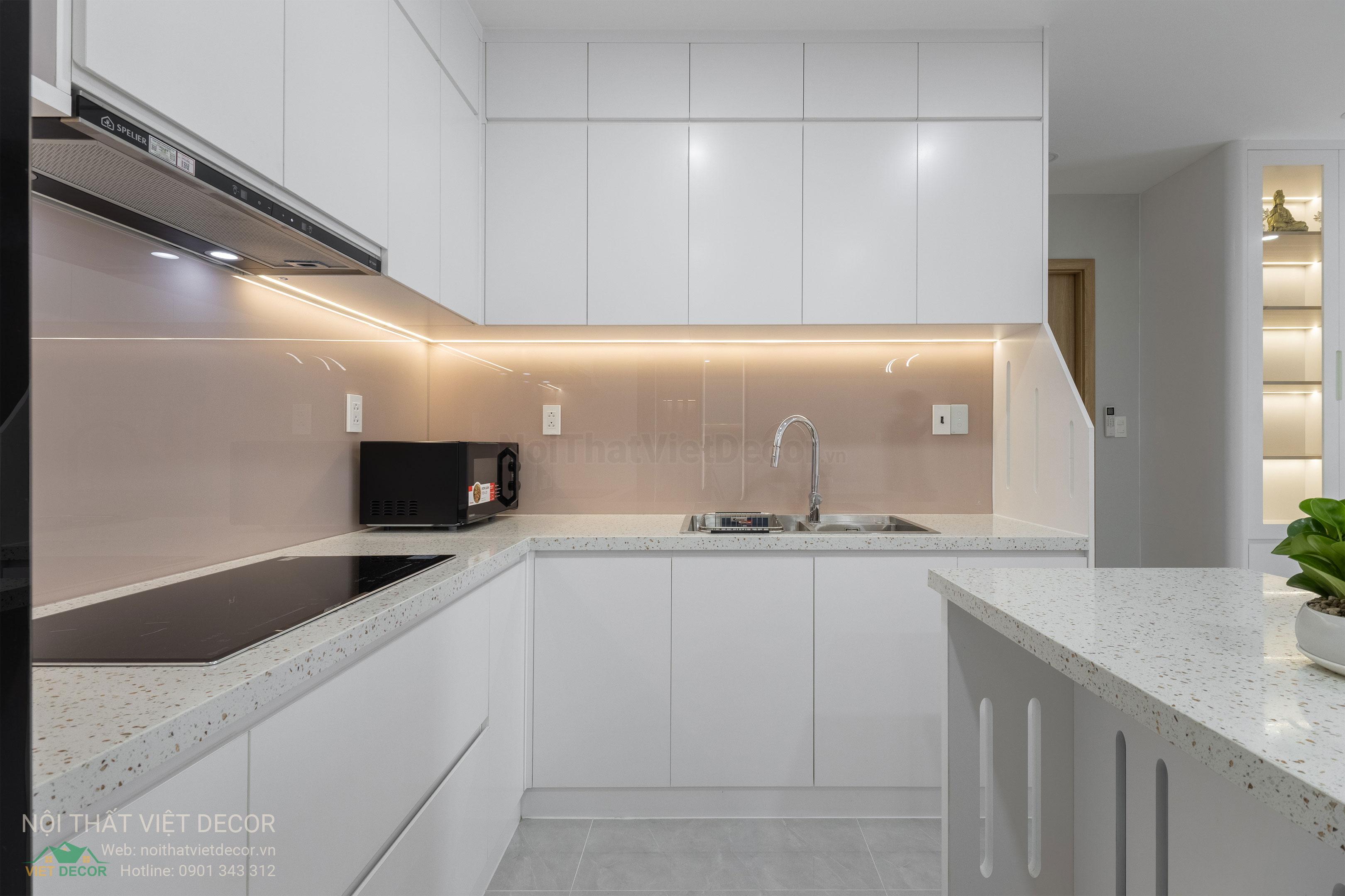 Nội Thất Việt Decor thiết kế thi công trang trí xây dựng hoàn thiện, nội thất căn hộ 2 phòng ngủ dự án chung cư Lavida Plus quận 7 tp HCM, phòng khách bếp