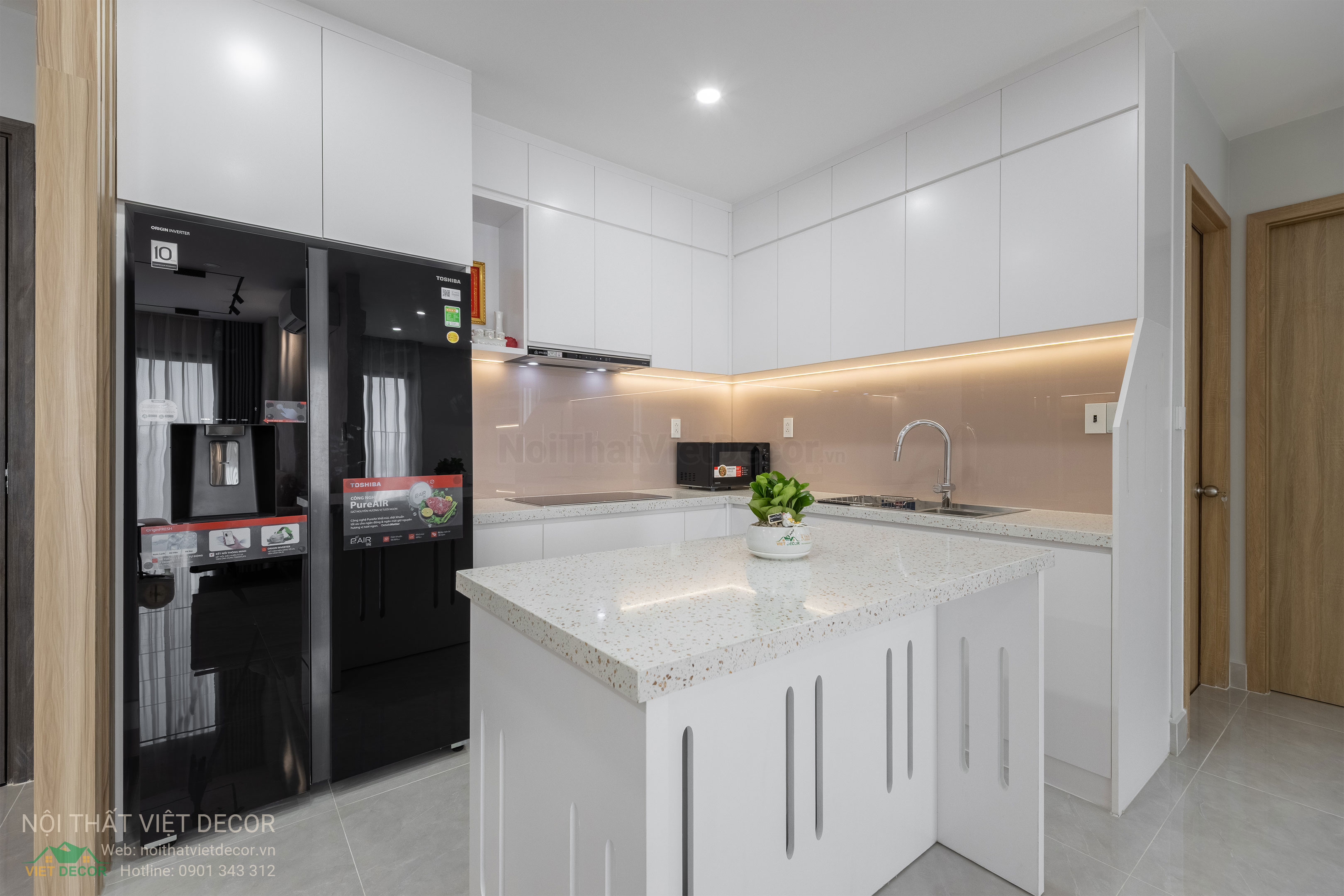 Nội Thất Việt Decor thiết kế thi công trang trí xây dựng hoàn thiện, nội thất căn hộ 2 phòng ngủ dự án chung cư Lavida Plus quận 7 tp HCM, phòng khách bếp