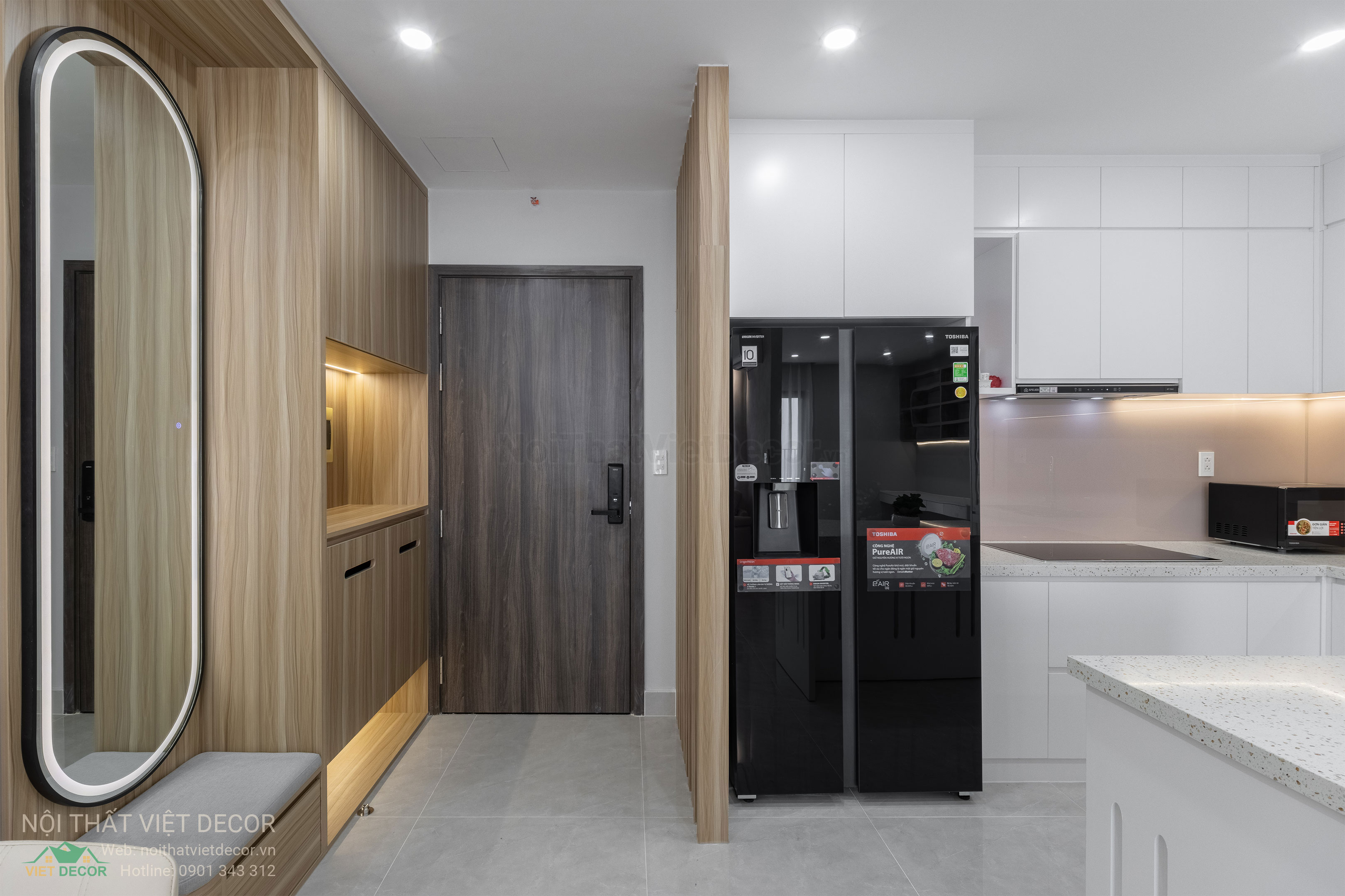 Nội Thất Việt Decor thiết kế thi công trang trí xây dựng hoàn thiện, nội thất căn hộ 2 phòng ngủ dự án chung cư Lavida Plus quận 7 tp HCM, phòng khách bếp