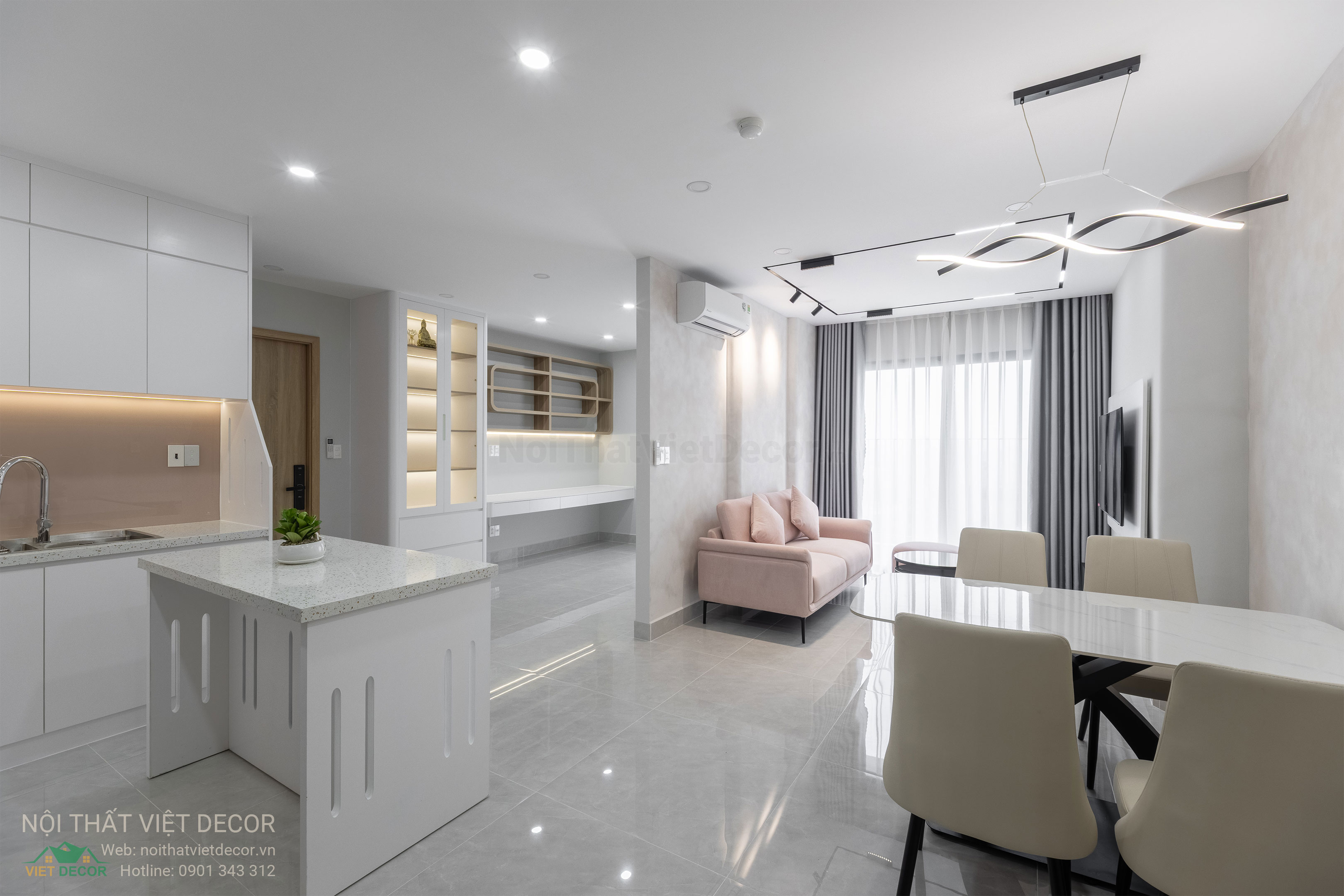 Nội Thất Việt Decor thiết kế thi công trang trí xây dựng hoàn thiện, nội thất căn hộ 2 phòng ngủ dự án chung cư Lavida Plus quận 7 tp HCM, phòng khách bếp