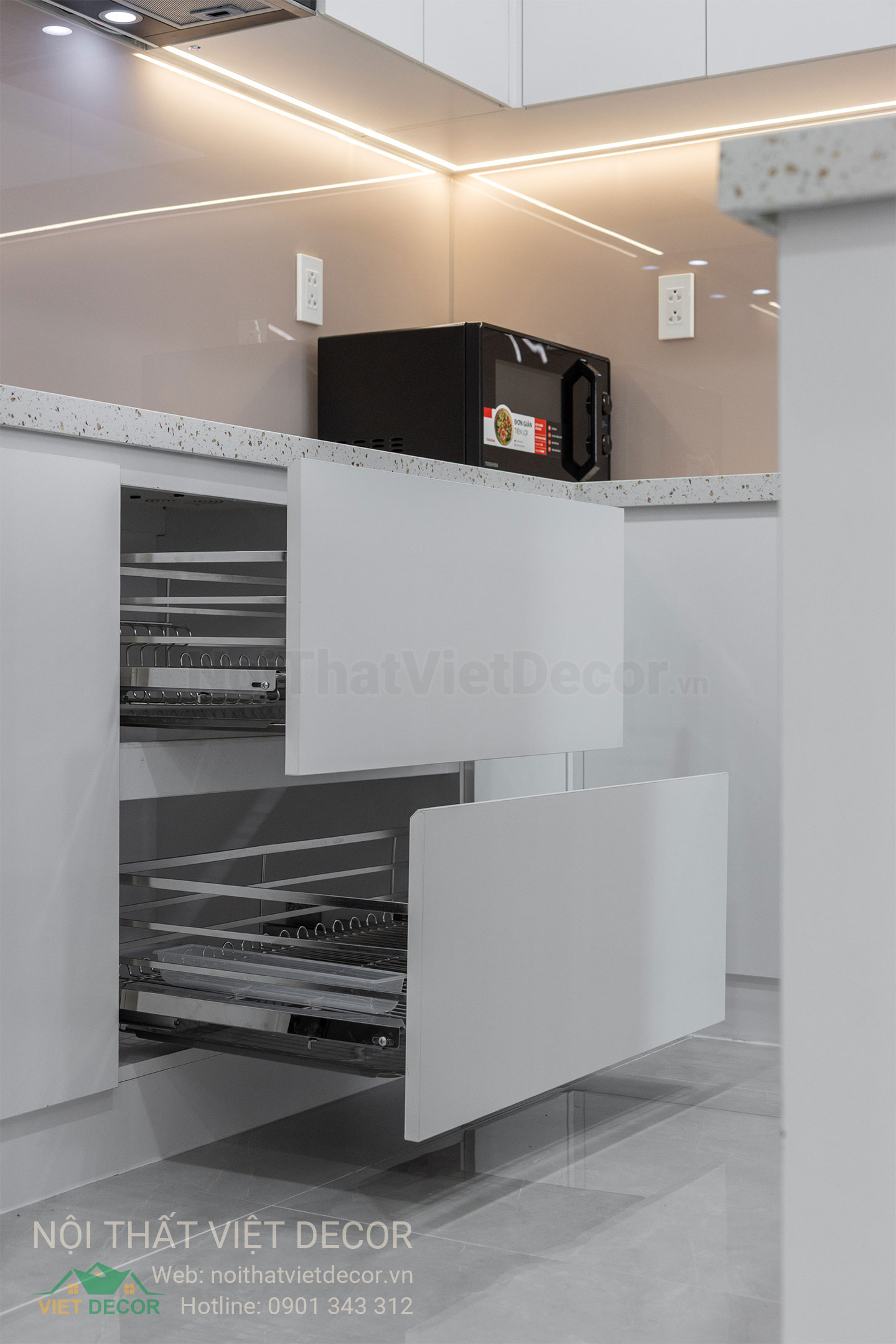 Nội Thất Việt Decor thiết kế thi công trang trí xây dựng hoàn thiện, nội thất căn hộ 2 phòng ngủ dự án chung cư Lavida Plus quận 7 tp HCM, phụ kiện tủ bếp