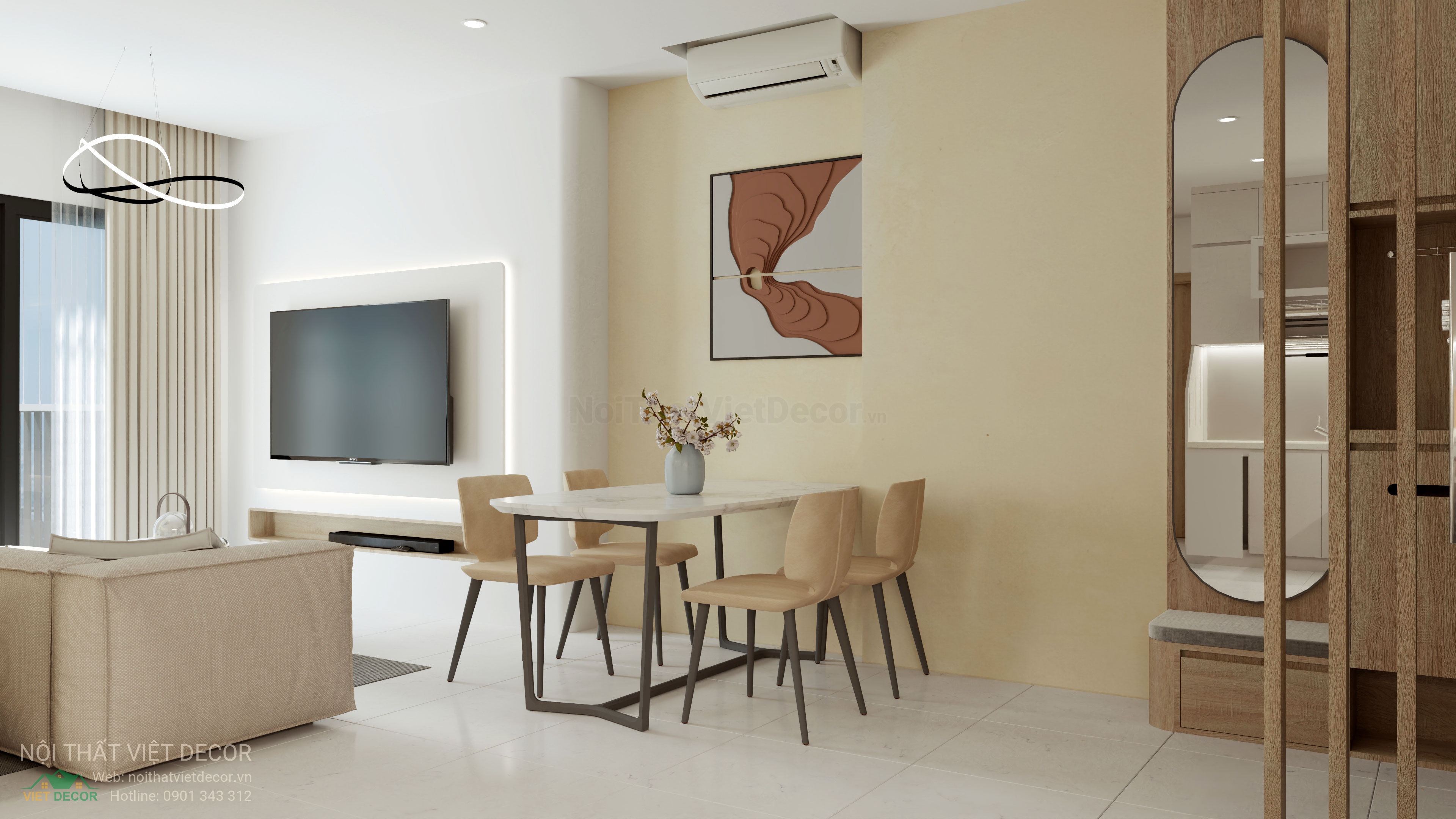Nội Thất Việt Decor thiết kế thi công trang trí xây dựng hoàn thiện, nội thất căn hộ 2 phòng ngủ dự án chung cư Lavida Plus quận 7 tp HCM, phối cảnh 3D