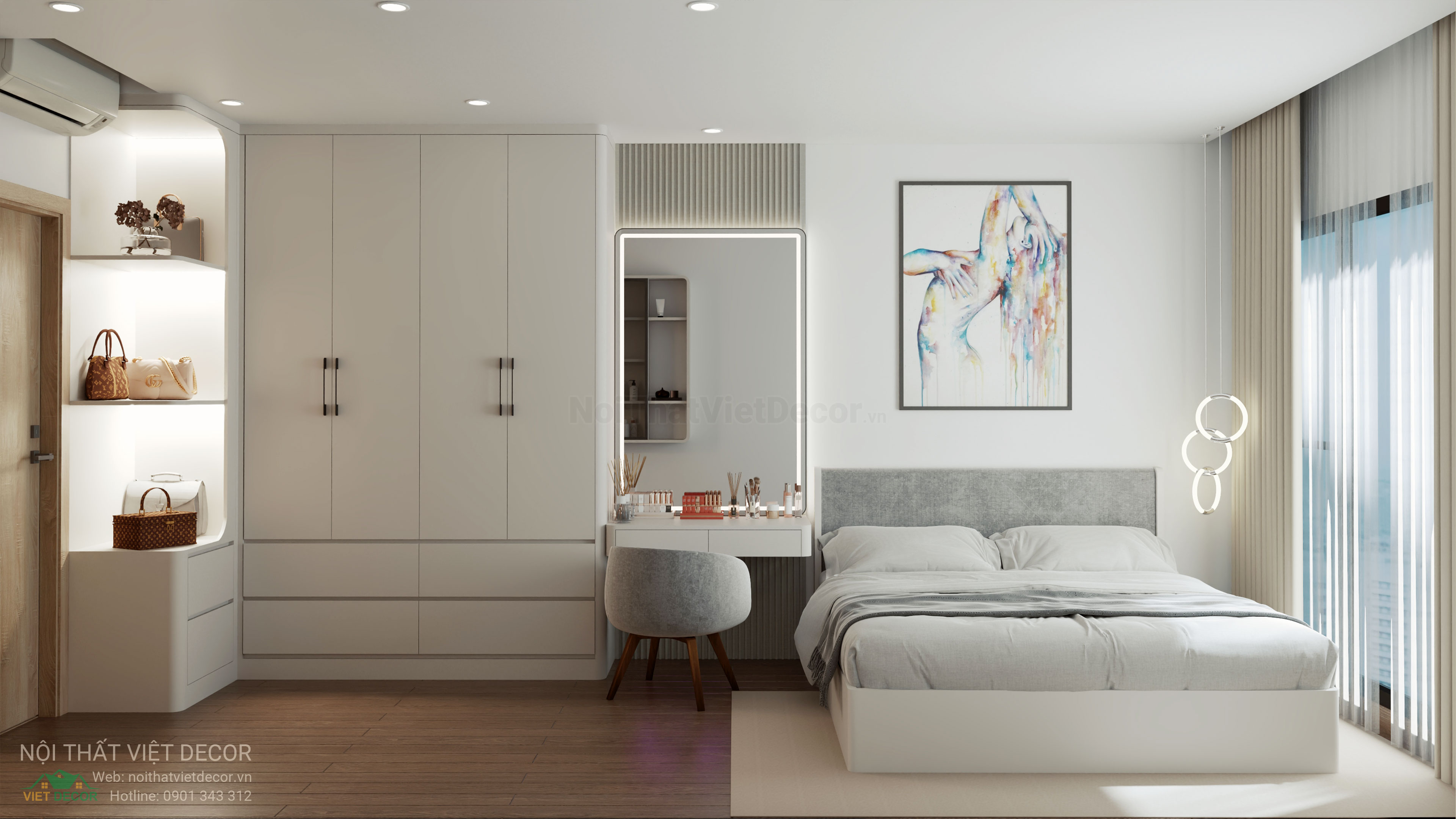 Nội Thất Việt Decor thiết kế thi công trang trí xây dựng hoàn thiện, nội thất căn hộ 2 phòng ngủ dự án chung cư Lavida Plus quận 7 tp HCM, phối cảnh 3D