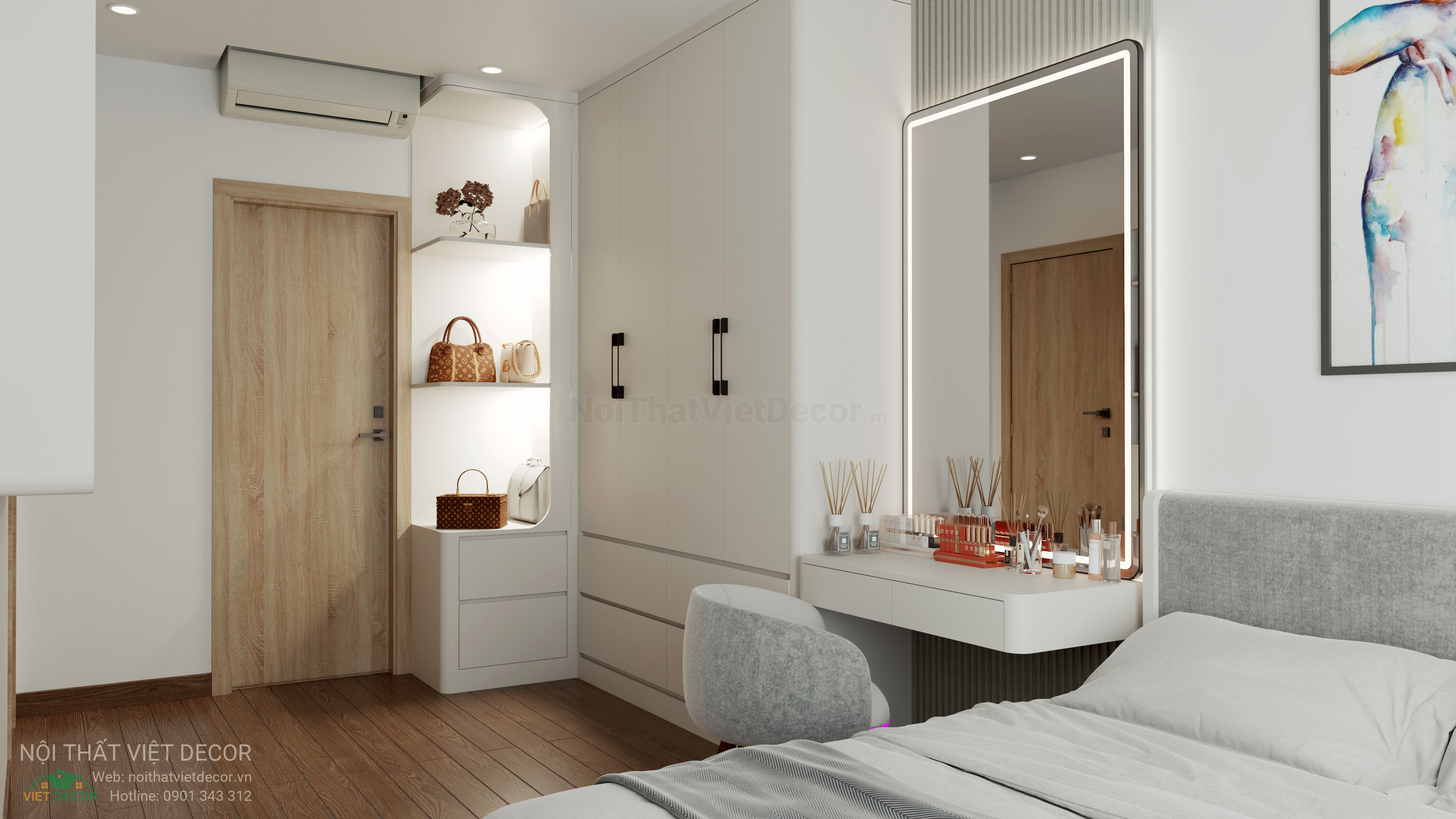 Nội Thất Việt Decor thiết kế thi công trang trí xây dựng hoàn thiện, nội thất căn hộ 2 phòng ngủ dự án chung cư Lavida Plus quận 7 tp HCM, phối cảnh 3D