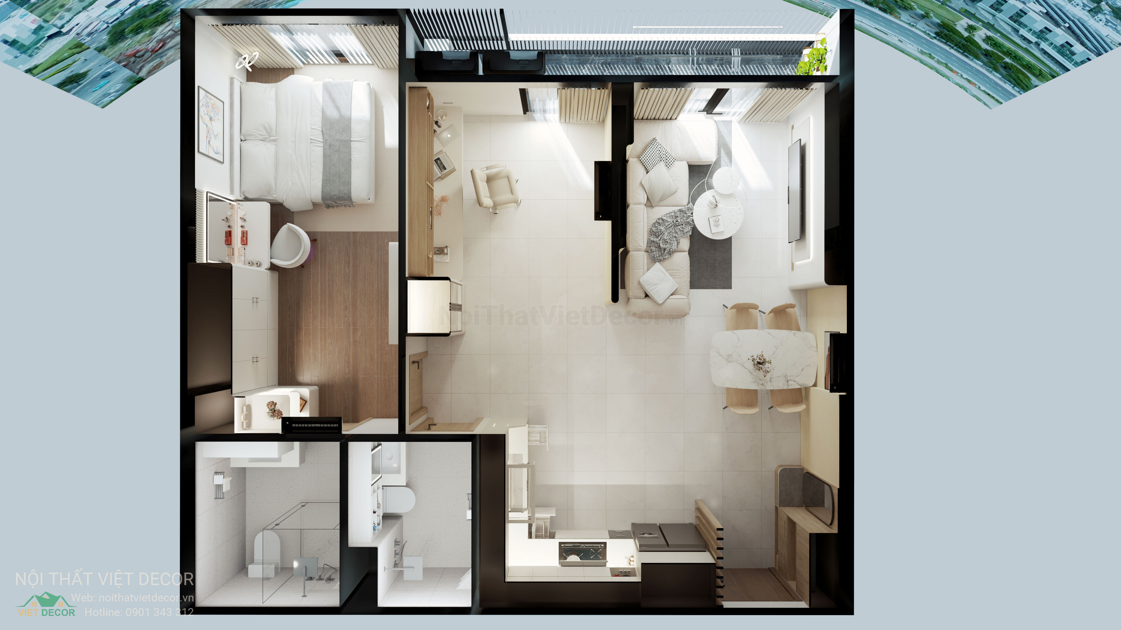 Nội Thất Việt Decor thiết kế thi công trang trí xây dựng hoàn thiện, nội thất căn hộ 2 phòng ngủ dự án chung cư Lavida Plus quận 7 tp HCM, phối cảnh 3D