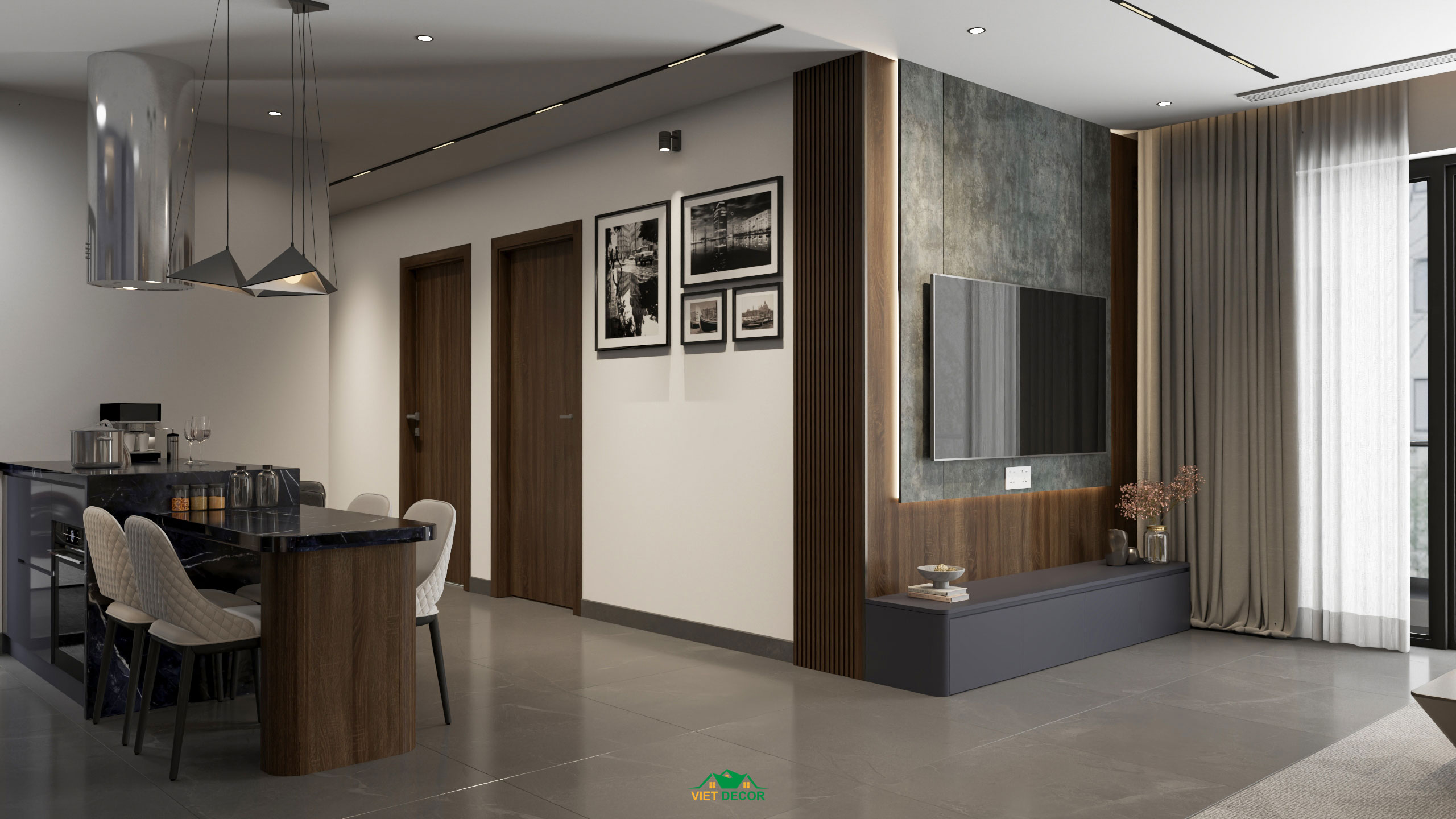 Nội Thất Việt Decor thiết kế thi công nội thất căn hộ 3 phòng ngủ dự án Essensia Sky TP HCM, phòng khách bếp
