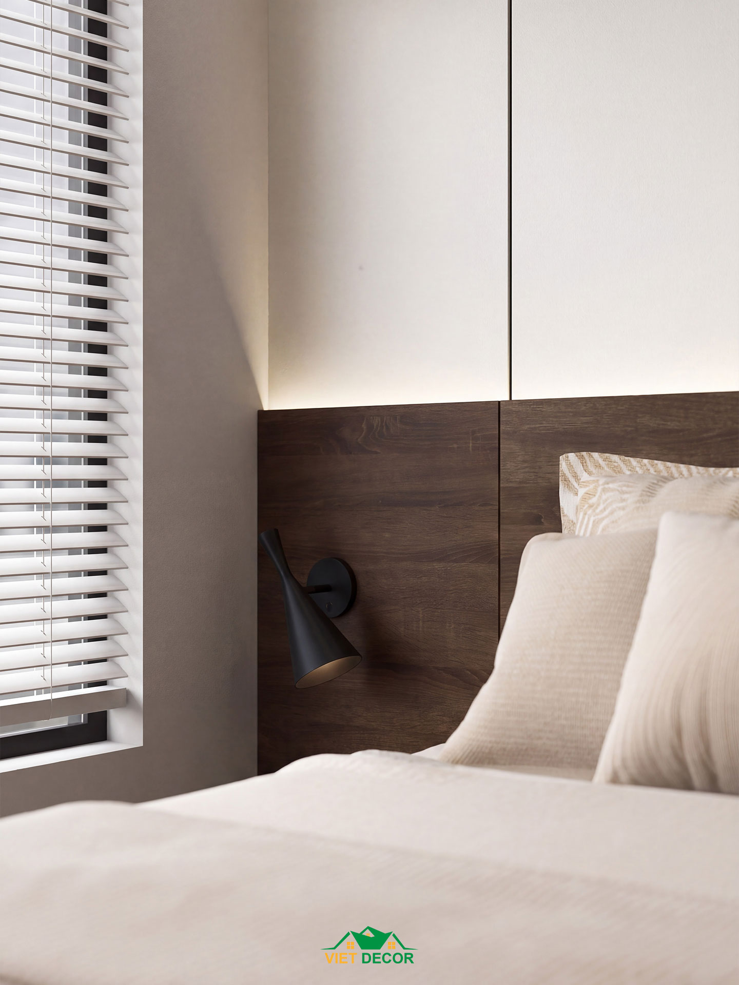 Nội Thất Việt Decor thiết kế thi công nội thất căn hộ 3 phòng ngủ dự án Essensia Sky TP HCM, vách đầu giường phòng ngủ nhỏ