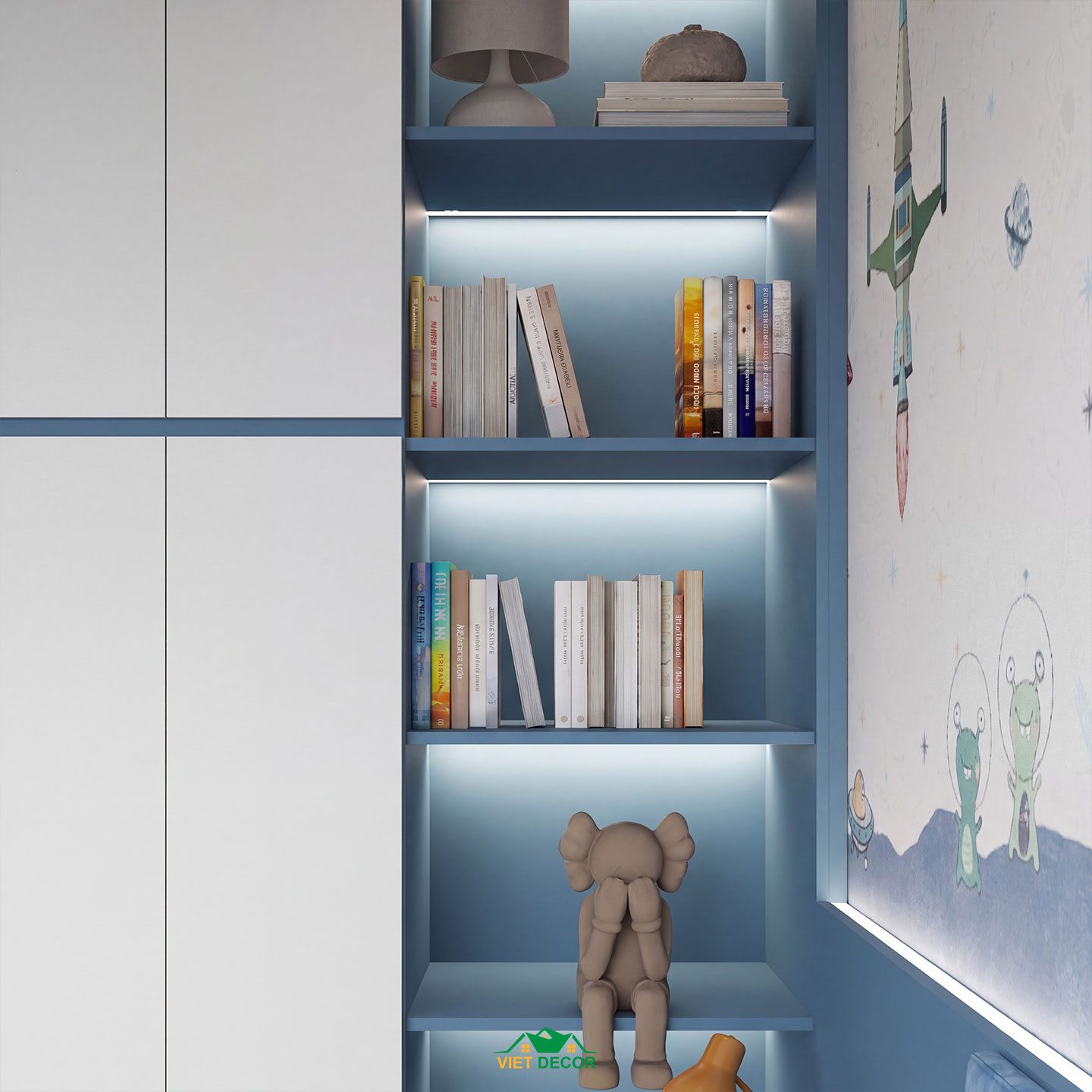 Nội Thất Việt Decor thiết kế thi công nội thất căn hộ 3 phòng ngủ dự án Essensia Sky TP HCM, tủ sách phòng ngủ bé