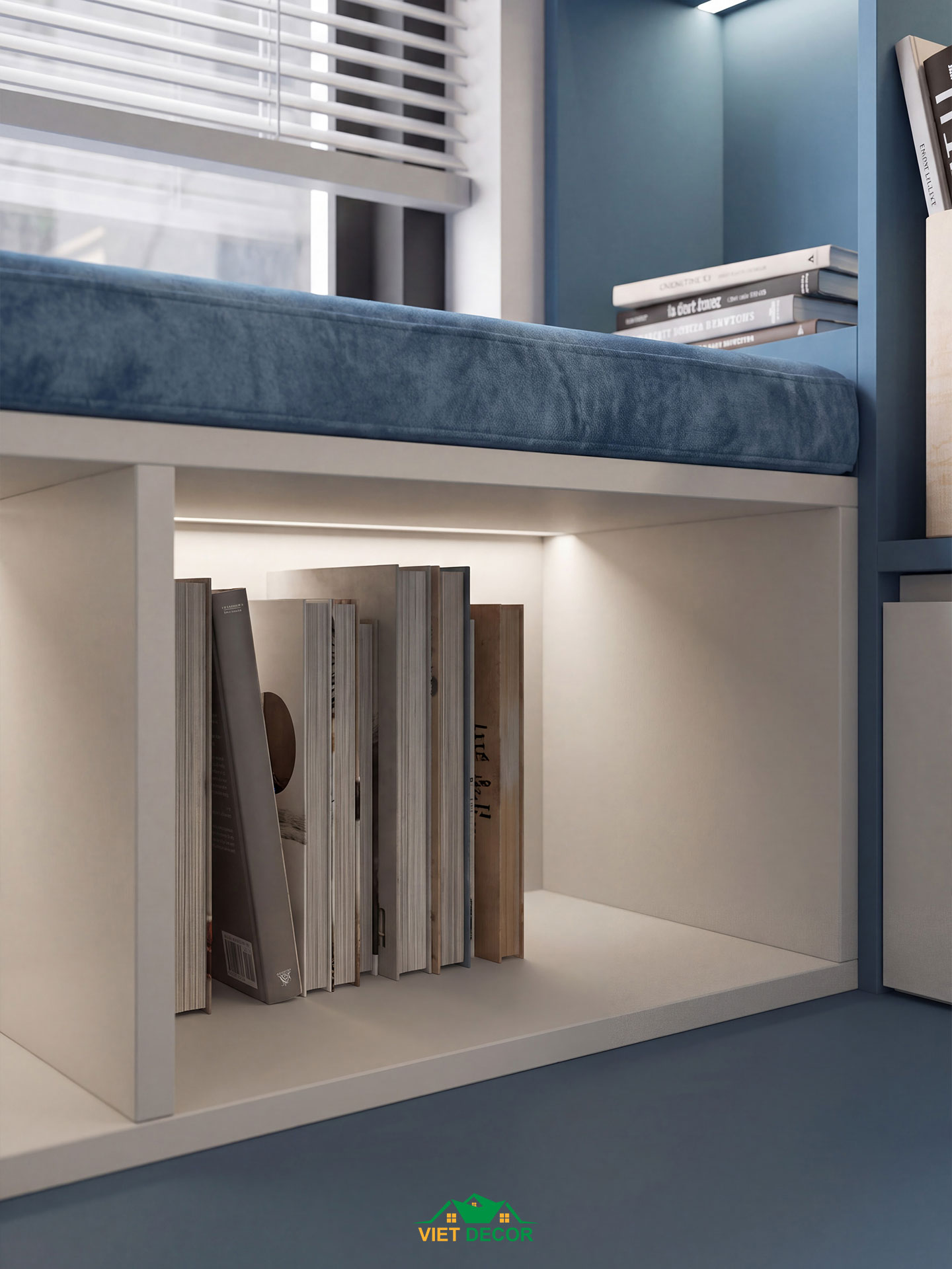 Nội Thất Việt Decor thiết kế thi công nội thất căn hộ 3 phòng ngủ dự án Essensia Sky TP HCM, kệ sách phòng ngủ bé