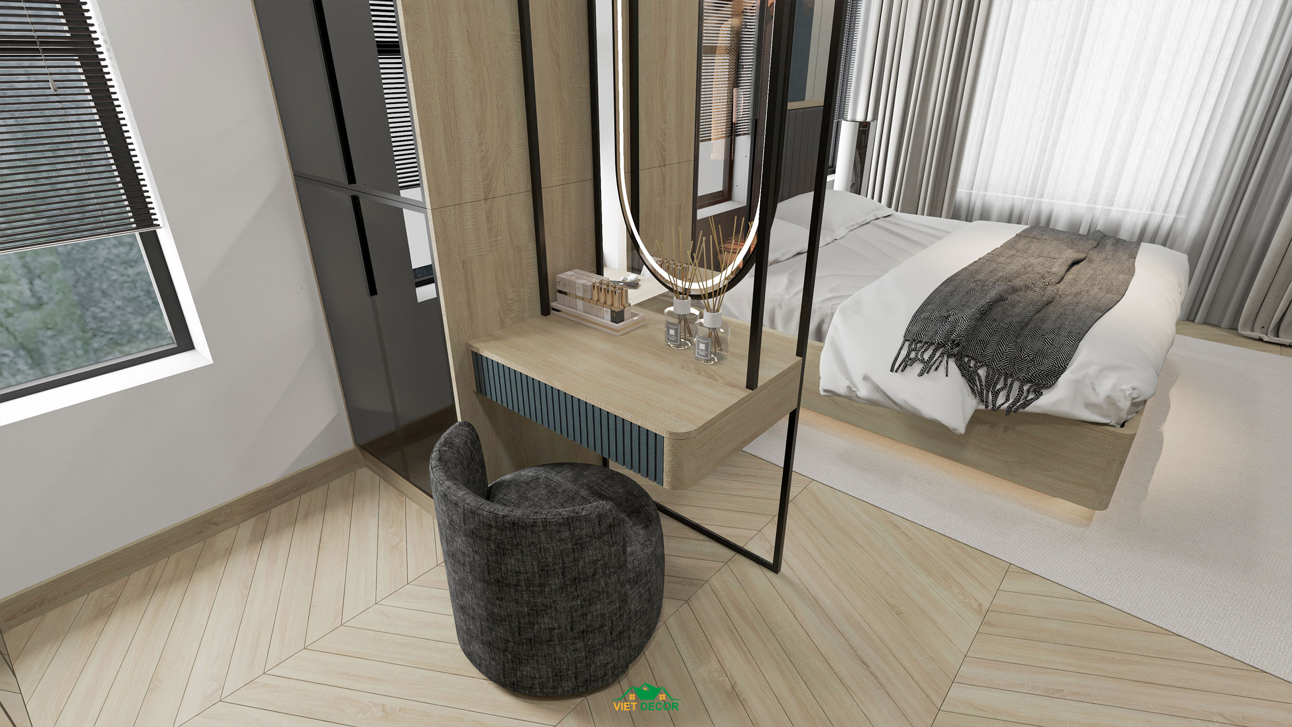 Nội Thất Việt Decor thiết kế thi công nội thất căn hộ 3 phòng ngủ dự án Essensia Sky TP HCM, bàn trang điểm phòng ngủ master