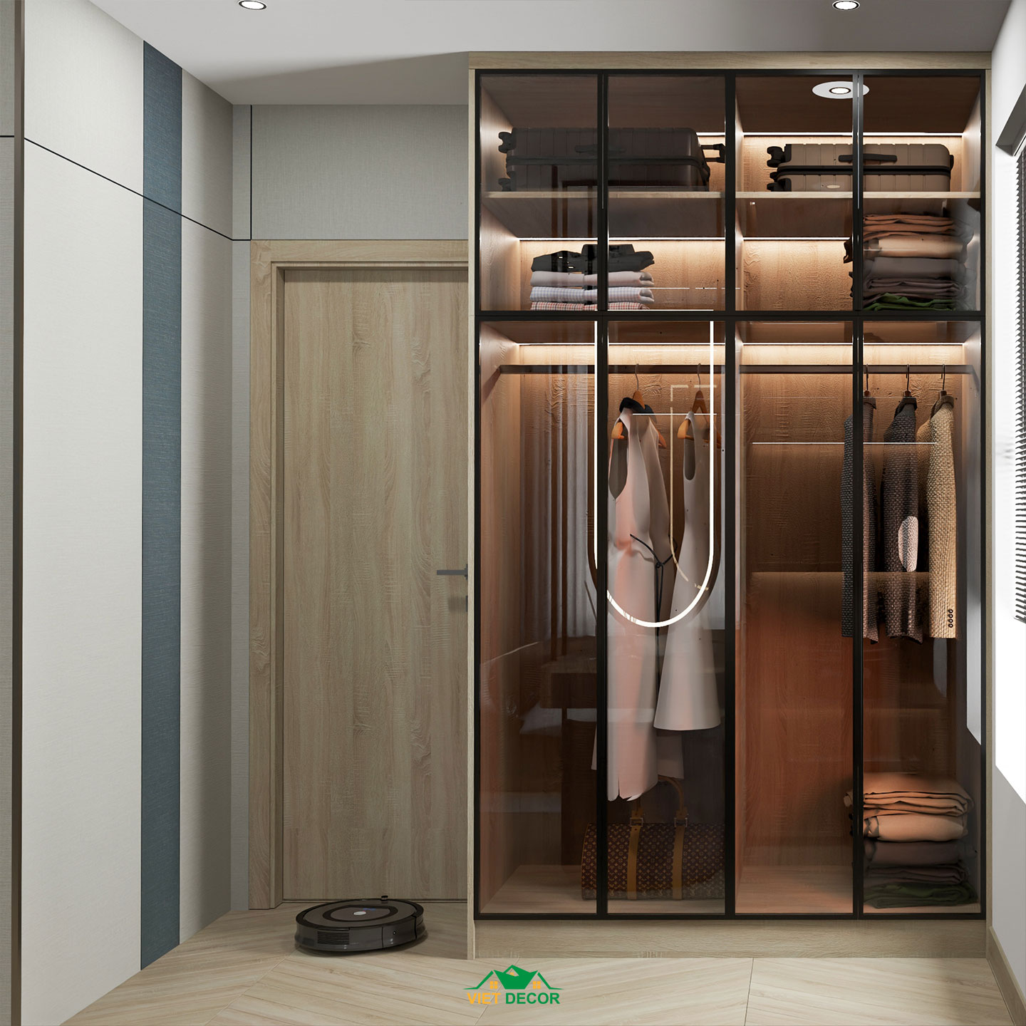 Nội Thất Việt Decor thiết kế thi công nội thất căn hộ 3 phòng ngủ dự án Essensia Sky TP HCM, tủ quần áo cánh kính slim phòng ngủ master