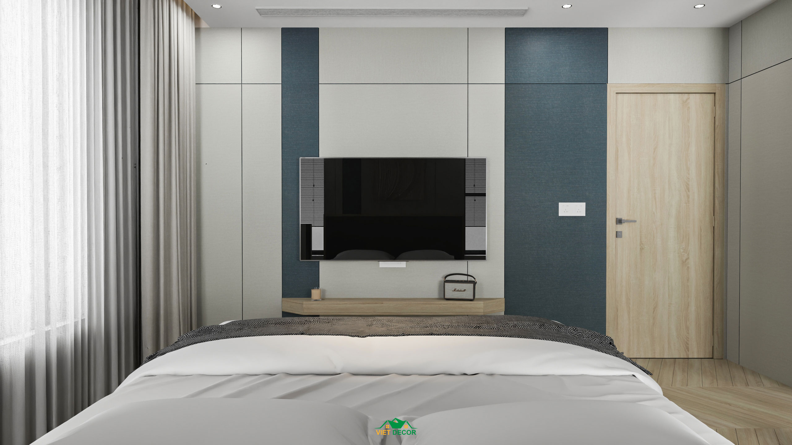 Nội Thất Việt Decor thiết kế thi công nội thất căn hộ 3 phòng ngủ dự án Essensia Sky TP HCM, vách kệ ti vi phòng ngủ master