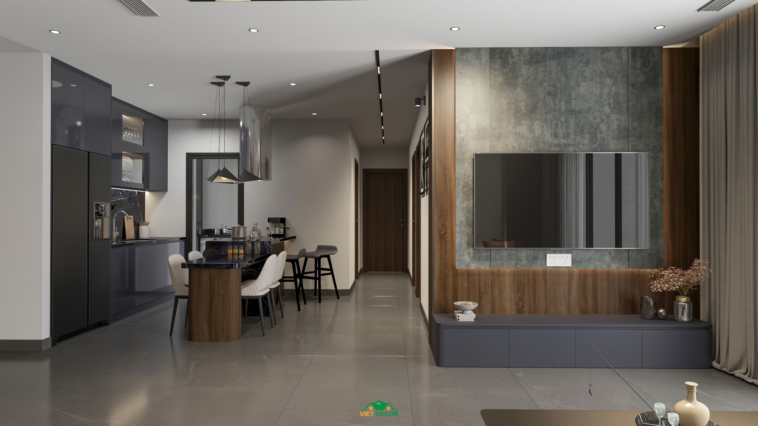Nội Thất Việt Decor thiết kế thi công nội thất căn hộ 3 phòng ngủ dự án Essensia Sky TP HCM, phòng khách bếp