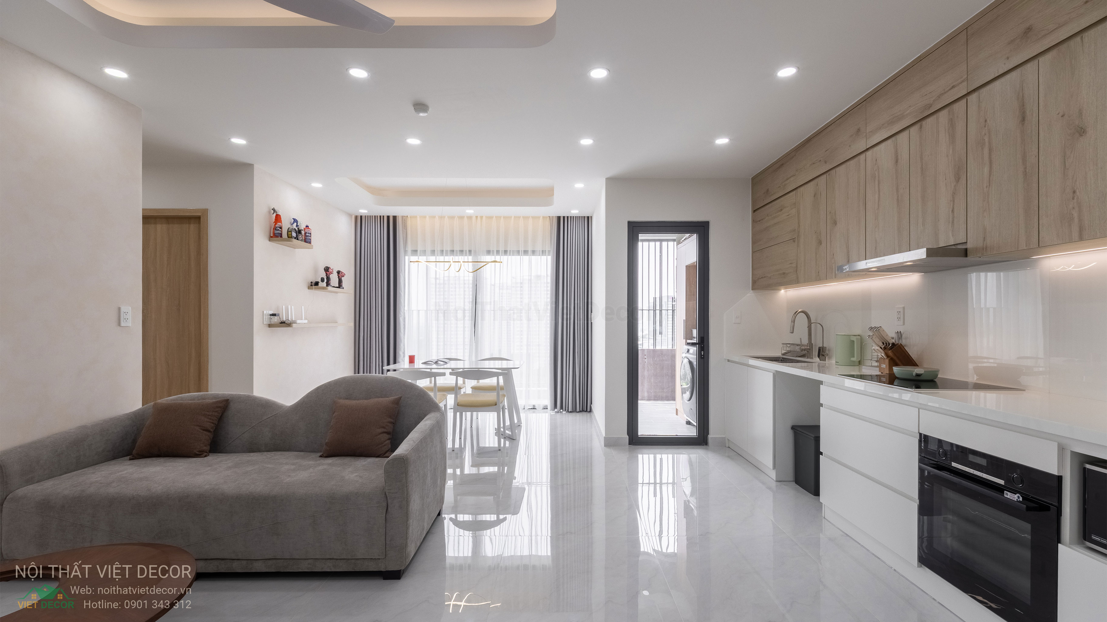 Nội Thất Việt Decor thiết kế thi công trang trí xây dựng hoàn thiện, nội thất căn hộ 3 phòng ngủ dự án chung cư Lavida Plus quận 7 phường Tân Hưng tp HCM phòng khách tủ bếp