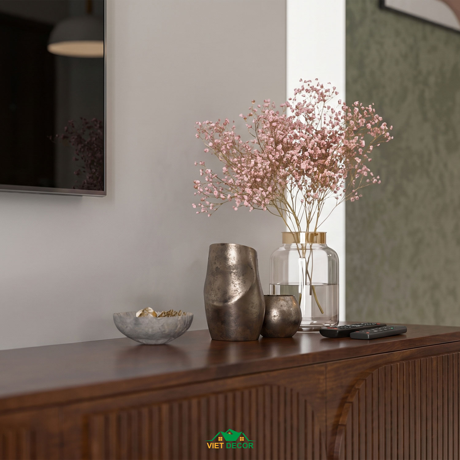 Nội Thất Việt Decor thiết kế thi công nội thất căn hộ 3 phòng ngủ chung cư Victoria Village TP HCM, kệ ti vi phòng khách