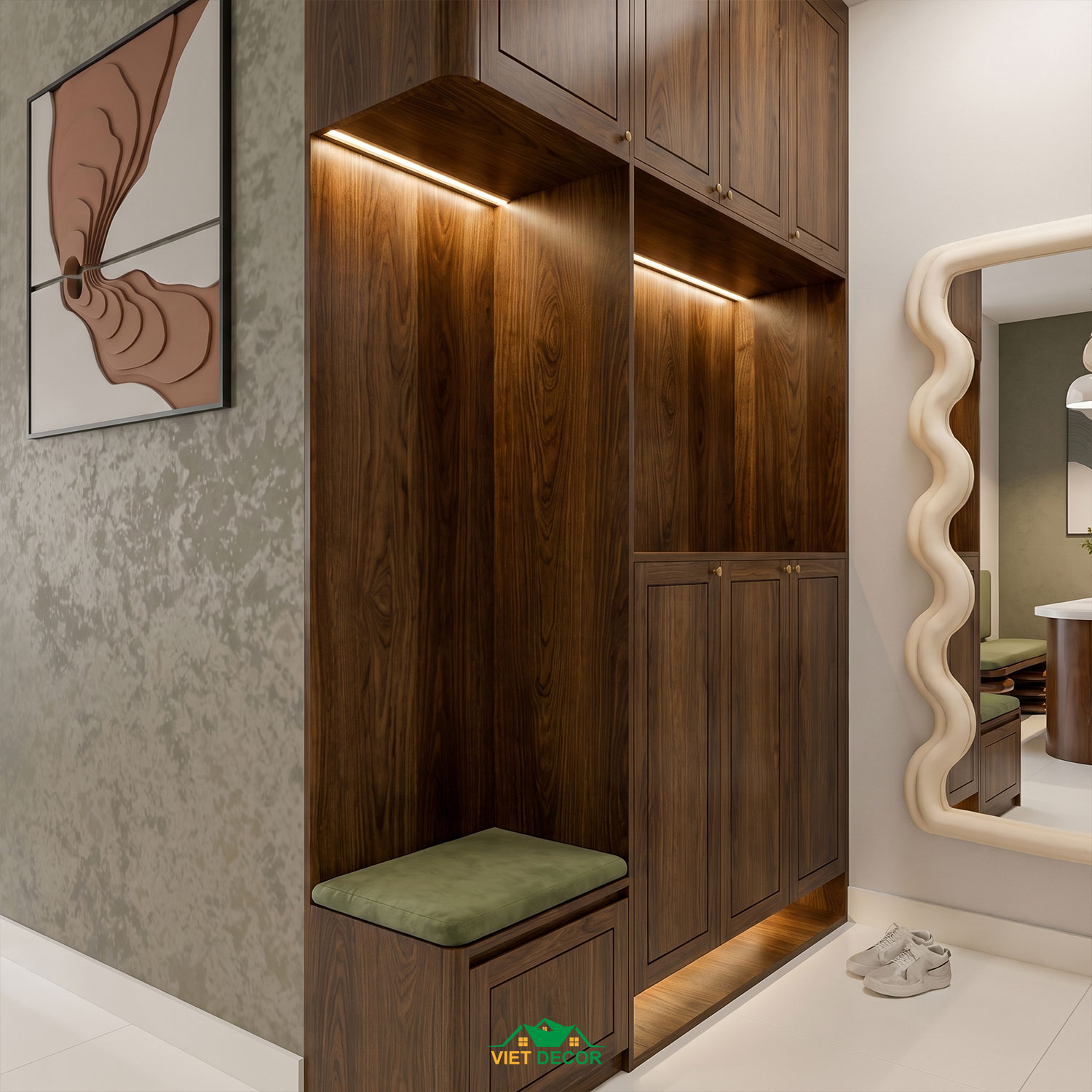 Nội Thất Việt Decor thiết kế thi công nội thất căn hộ 3 phòng ngủ chung cư Victoria Village TP HCM, tủ giày phòng khách
