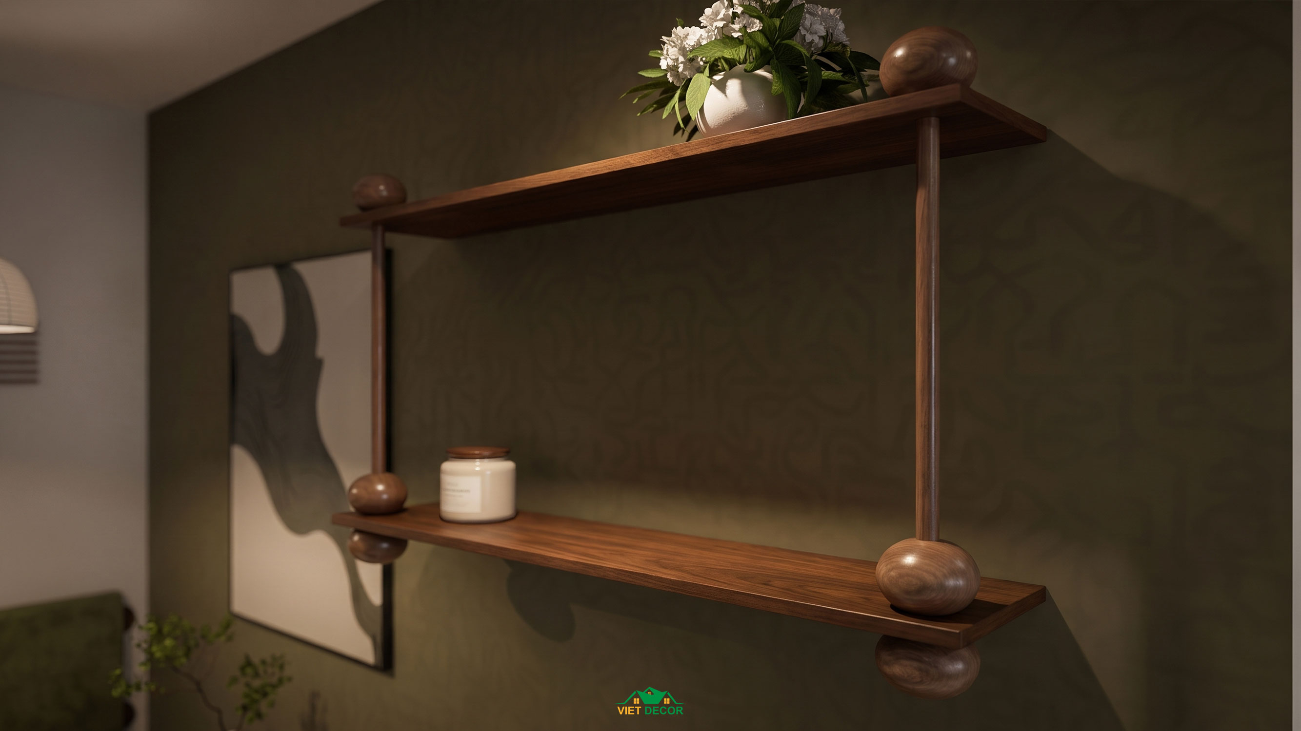 Nội Thất Việt Decor thiết kế thi công nội thất căn hộ 3 phòng ngủ chung cư Victoria Village TP HCM, kệ treo tường trang trí phòng khách