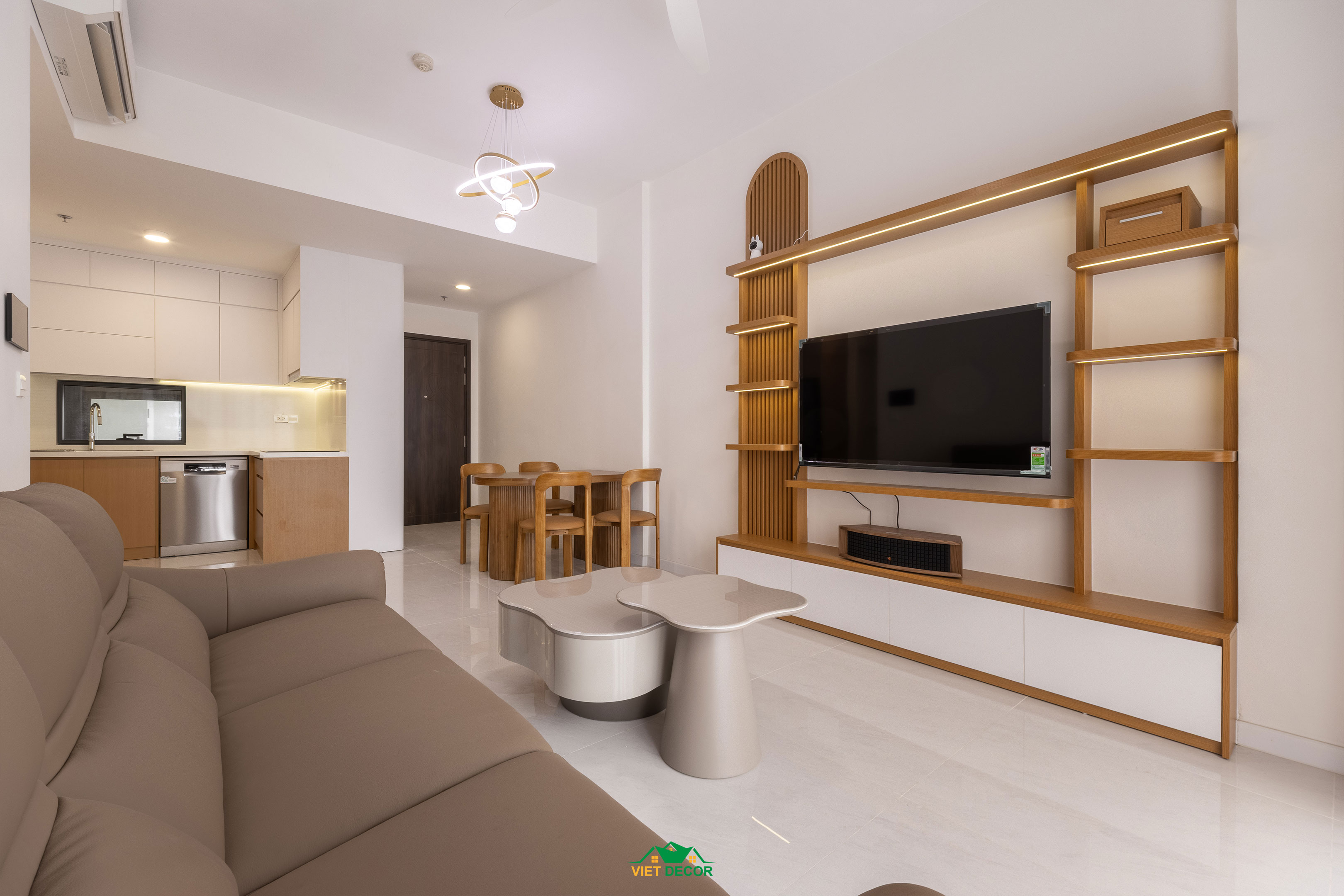 Nội Thất Việt Decor thiết kế, thi công nội thất hiện đại căn hộ 3 phòng ngủ chung cư Victoria Village TPHCM, phòng khách bếp