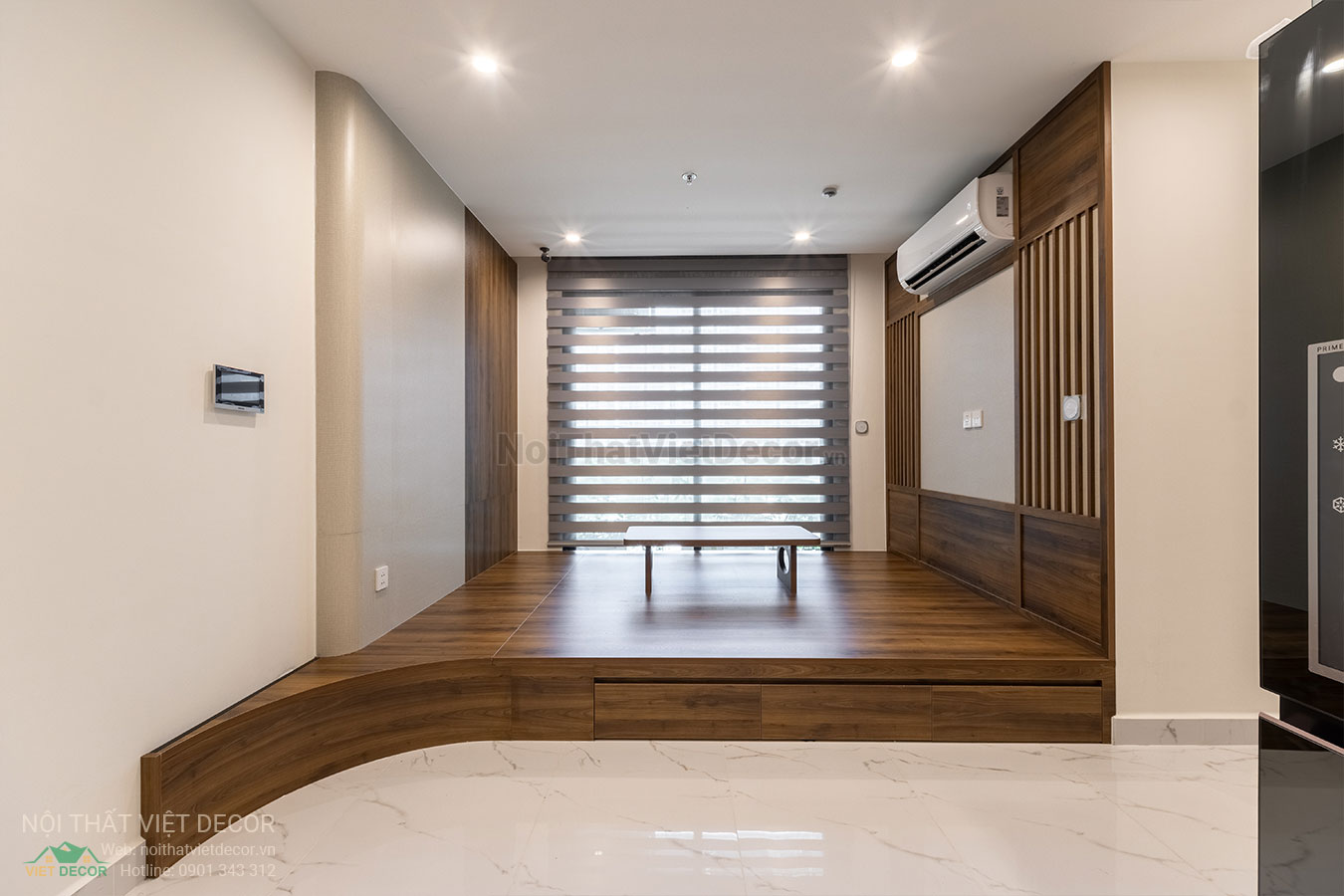 Nội Thất Việt Decor thiết kế thi công trang trí nội thất, tủ bếp nhôm kính căn hộ 3 phòng ngủ chung cư Glory Heights Vinhomes Grand Park quận 9 TP HCM, phòng khách bếp