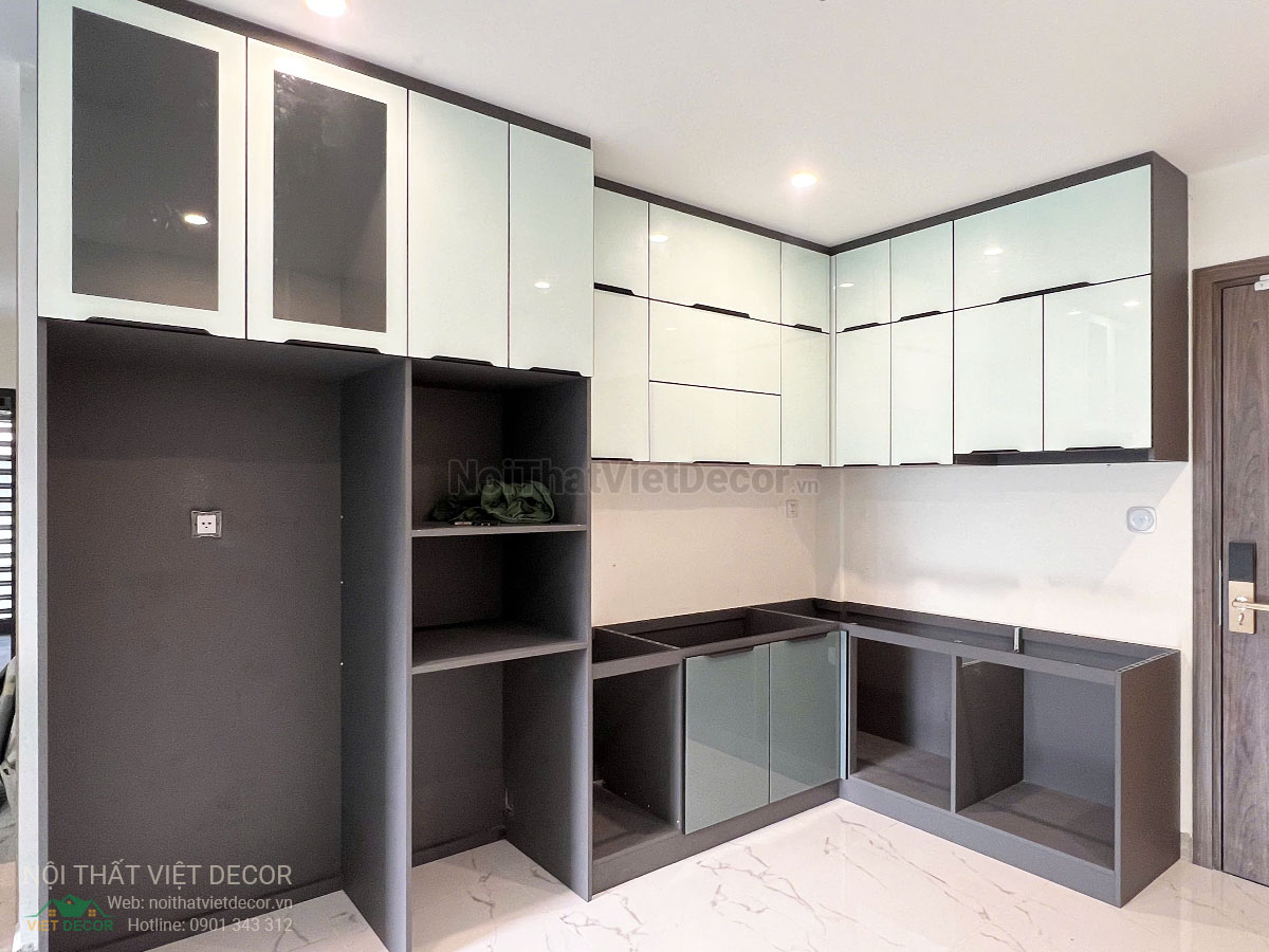 Nội Thất Việt Decor thiết kế thi công trang trí nội thất, tủ bếp nhôm kính căn hộ 3 phòng ngủ chung cư Glory Heights Vinhomes Grand Park quận 9 TP HCM, thi công tủ bếp nhôm kính