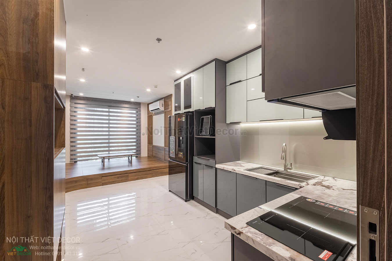 Nội Thất Việt Decor thiết kế thi công trang trí nội thất, tủ bếp nhôm kính căn hộ 3 phòng ngủ chung cư Glory Heights Vinhomes Grand Park quận 9 TP HCM, tủ bếp hợp kim nhôm cánh kính