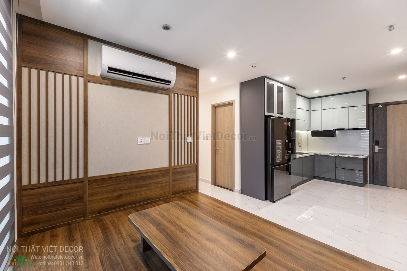 Nội Thất Việt Decor thiết kế thi công trang trí nội thất, tủ bếp nhôm kính căn hộ 3 phòng ngủ chung cư Glory Heights Vinhomes Grand Park quận 9 TP HCM, phòng khách bếp