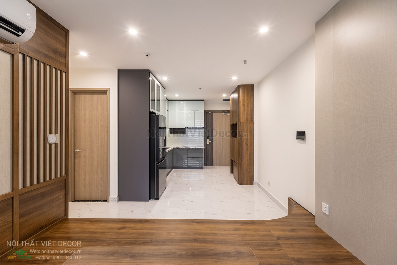 Nội Thất Việt Decor thiết kế thi công trang trí nội thất, tủ bếp nhôm kính căn hộ 3 phòng ngủ chung cư Glory Heights Vinhomes Grand Park quận 9 TP HCM, phòng khách bếp