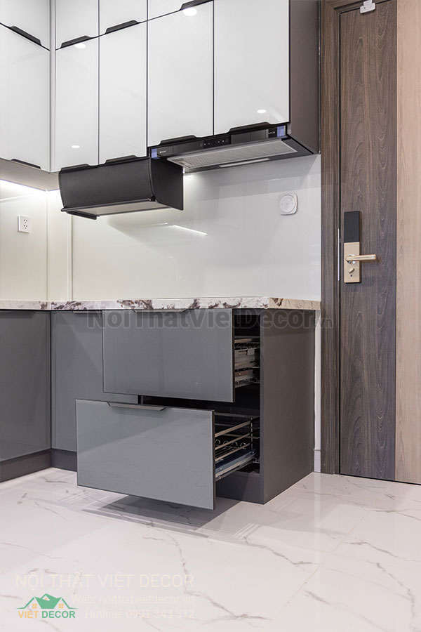 Nội Thất Việt Decor thiết kế thi công trang trí nội thất, tủ bếp nhôm kính căn hộ 3 phòng ngủ chung cư Glory Heights Vinhomes Grand Park quận 9 TP HCM, phụ kiện giá chén bát xoong nồi