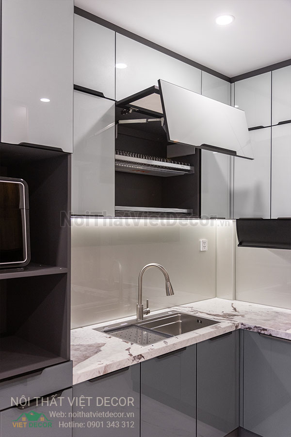 Nội Thất Việt Decor thiết kế thi công trang trí nội thất, tủ bếp nhôm kính căn hộ 3 phòng ngủ chung cư Glory Heights Vinhomes Grand Park quận 9 TP HCM, phụ kiện giá bát nâng hạ