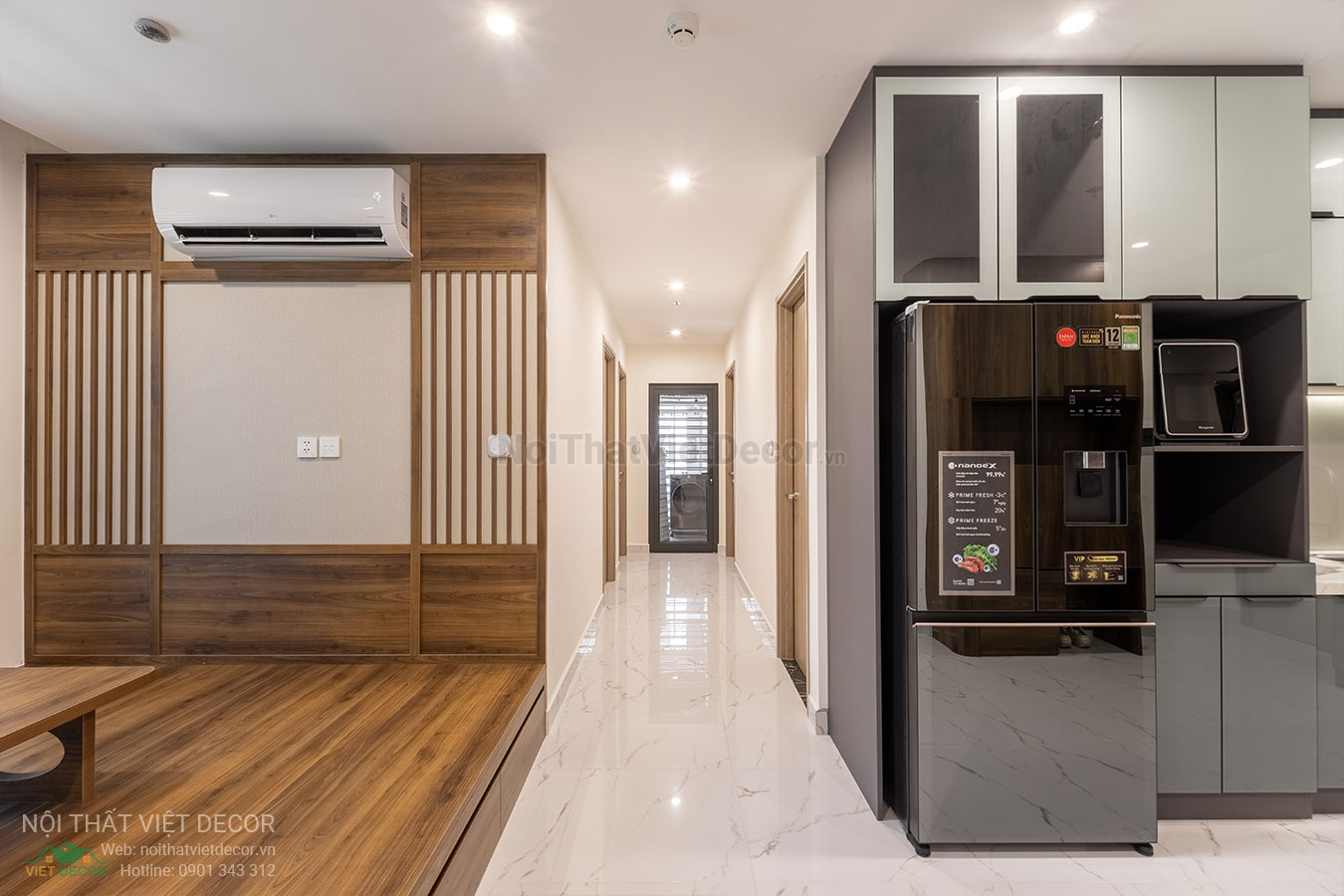 Nội Thất Việt Decor thiết kế thi công trang trí nội thất, tủ bếp nhôm kính căn hộ 3 phòng ngủ chung cư Glory Heights Vinhomes Grand Park quận 9 TP HCM, phòng khách bếp