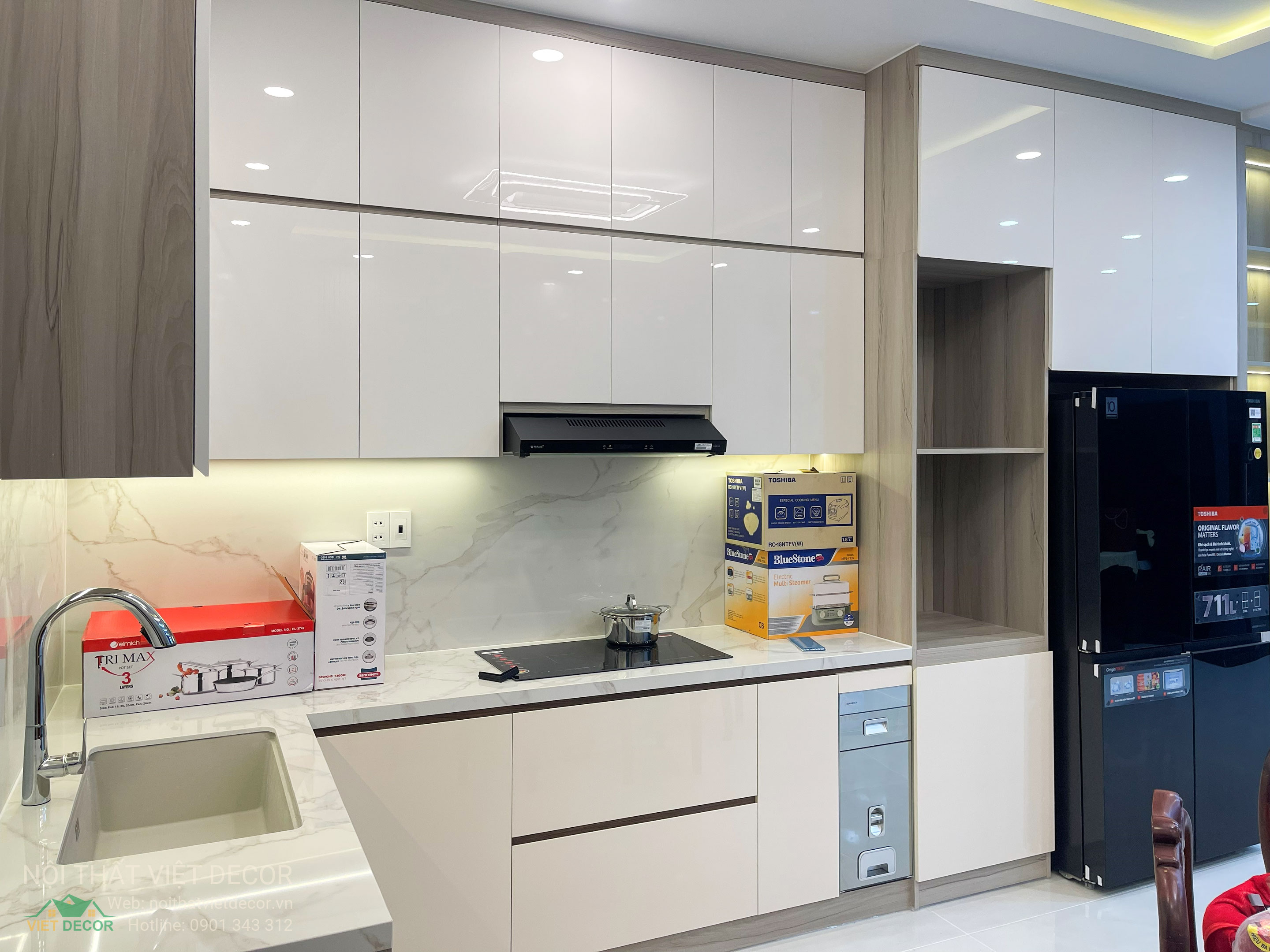 Nội thất Việt Decor thiết kế thi công trang trí nội thất nhà phố 3 tầng Lavilla Green City Long An Tây Ninh, thi công bàn giao tủ bếp