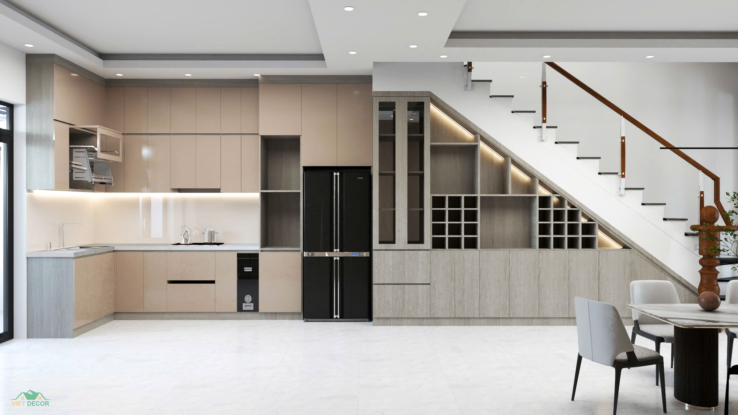 Nội thất Việt Decor thiết kế thi công trang trí nội thất nhà phố 3 tầng Lavilla Green City Long An Tây Ninh, hồ sơ thiết kế phối cảnh 3D tủ bếp tủ rượu