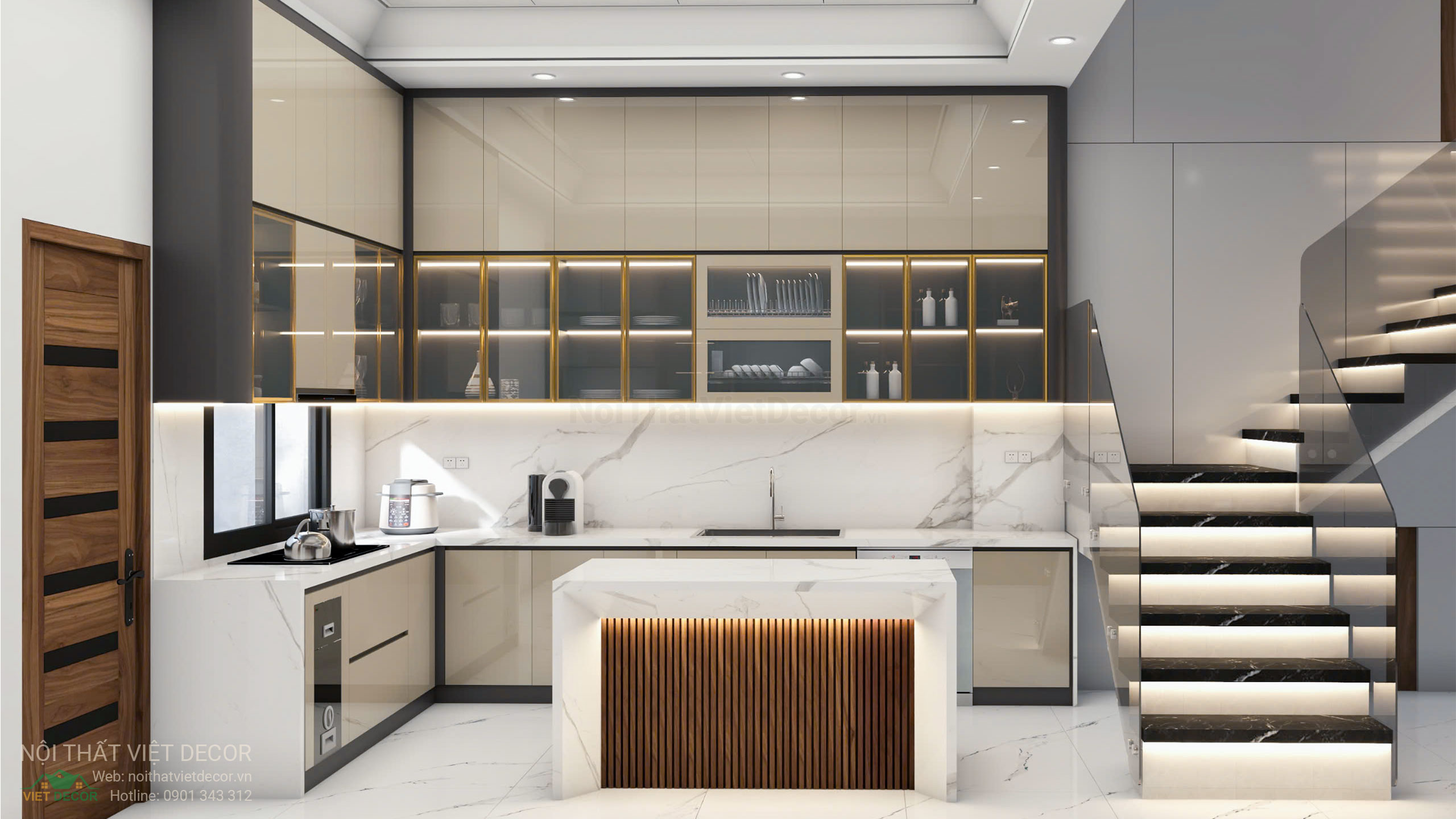 Nội Thất Việt Decor thiết kế thi công tủ bếp cao cấp HDF, WPB cánh phủ acrylic An Cường kết hợp cánh kính slim tại Bình Tân TP HCM
