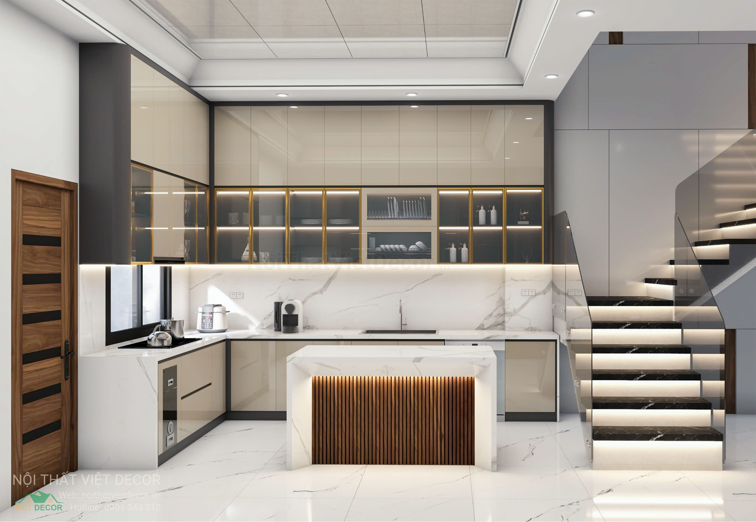 Nội Thất Việt Decor thiết kế thi công tủ bếp cao cấp HDF, WPB cánh phủ acrylic An Cường kết hợp cánh kính slim tại Bình Tân TP HCM