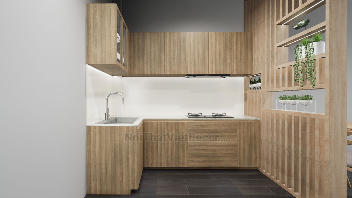 Tủ bếp hiện đại chữ L, gỗ công nghiệp MDF chống ẩm phủ melamine Hồng Nghi