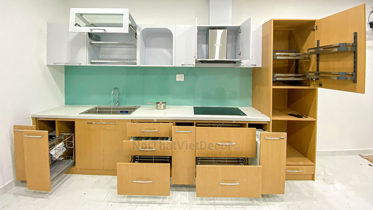 Noithatvietdecor Tủ bếp hiện đại chữ L, gỗ công nghiệp MDF chống ẩm phủ melamine An Cường