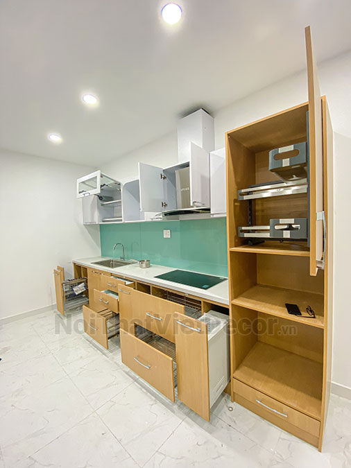 Noithatvietdecor Tủ bếp hiện đại chữ L, gỗ công nghiệp MDF chống ẩm phủ melamine An Cường